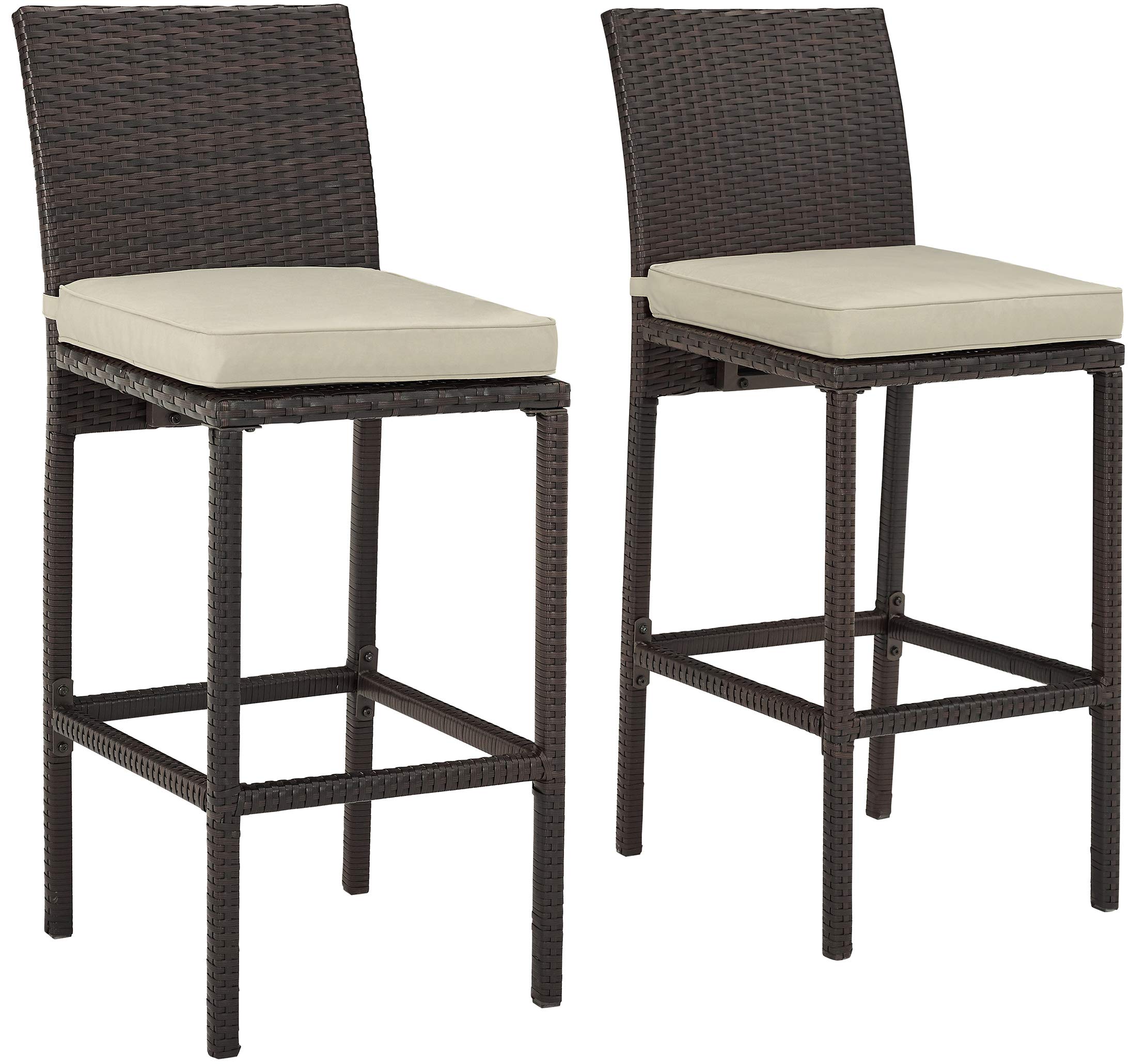 Crosley Furniture Palm Harbor Wicker Outdoor Bar Stools - Set of 2, Brown with Sand Cushion - Patio, Backyard & Balcony Furniture for Outdoor Dining, Lounging & Entertaining