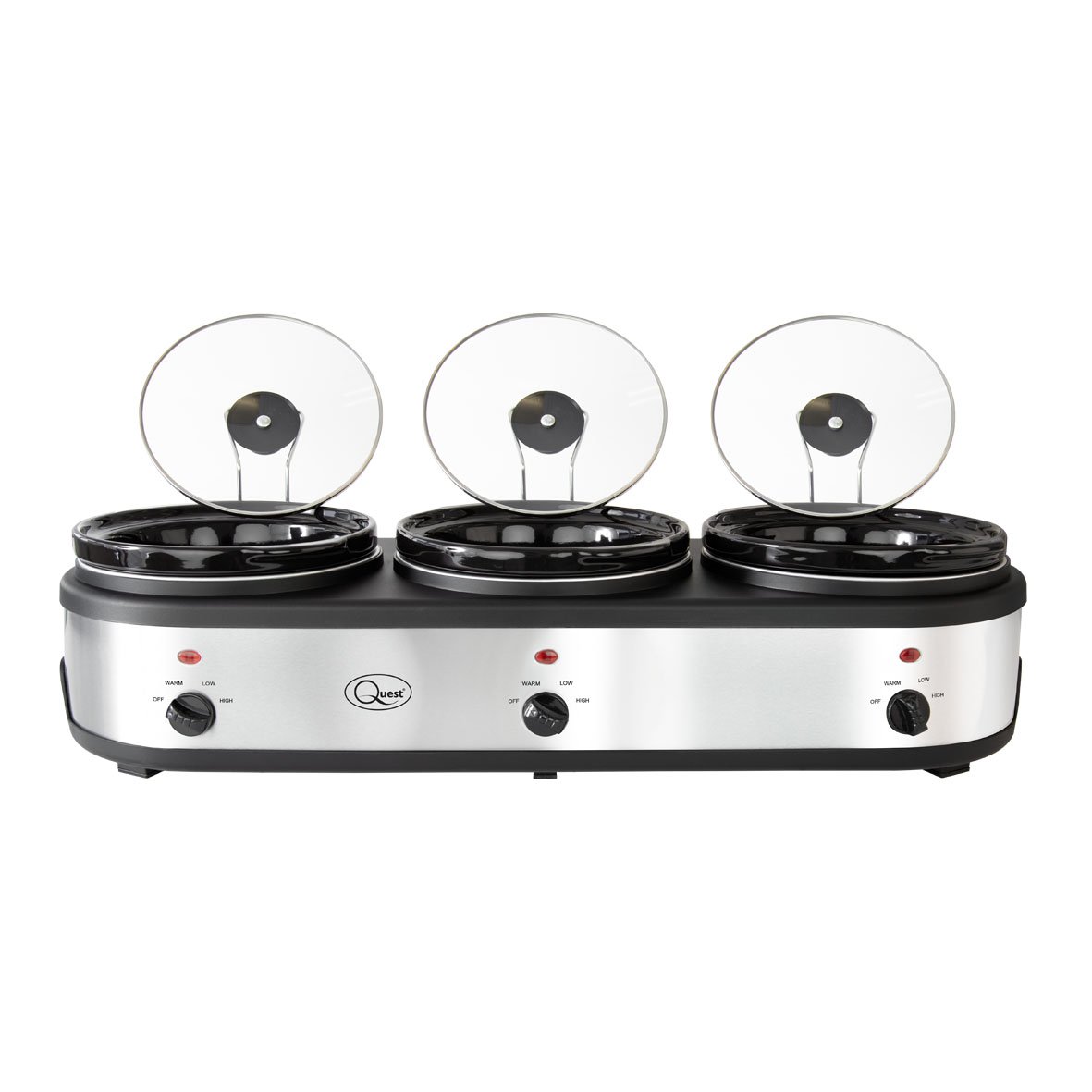 Quest 16530 3-Pot Electric Slow Cooker Buffet Server & Food Warmer - 3 Large 2.5L Ceramic Pots with Lids & Stands - 3 Heat Settings & Stainless Steel Finish - Perfect for Parties, Potlucks & Family Gatherings