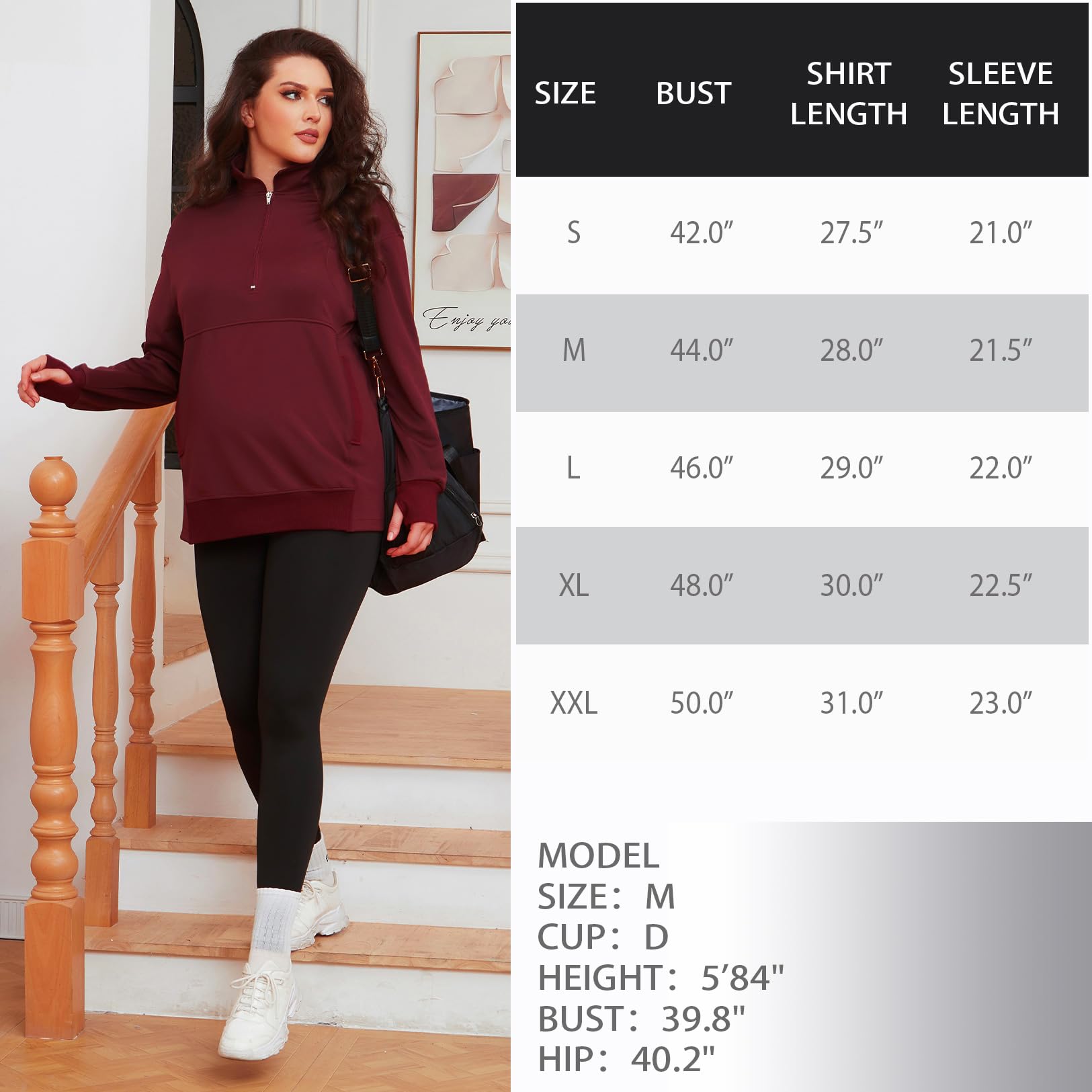 Bhome Maternity Sweatshirt - Half Zip Active Maternity Shirt with Thumbholes & Pockets | Long Sleeve Pullover for Pregnancy Comfort | Perfect for Yoga, Walking & Everyday Wear
