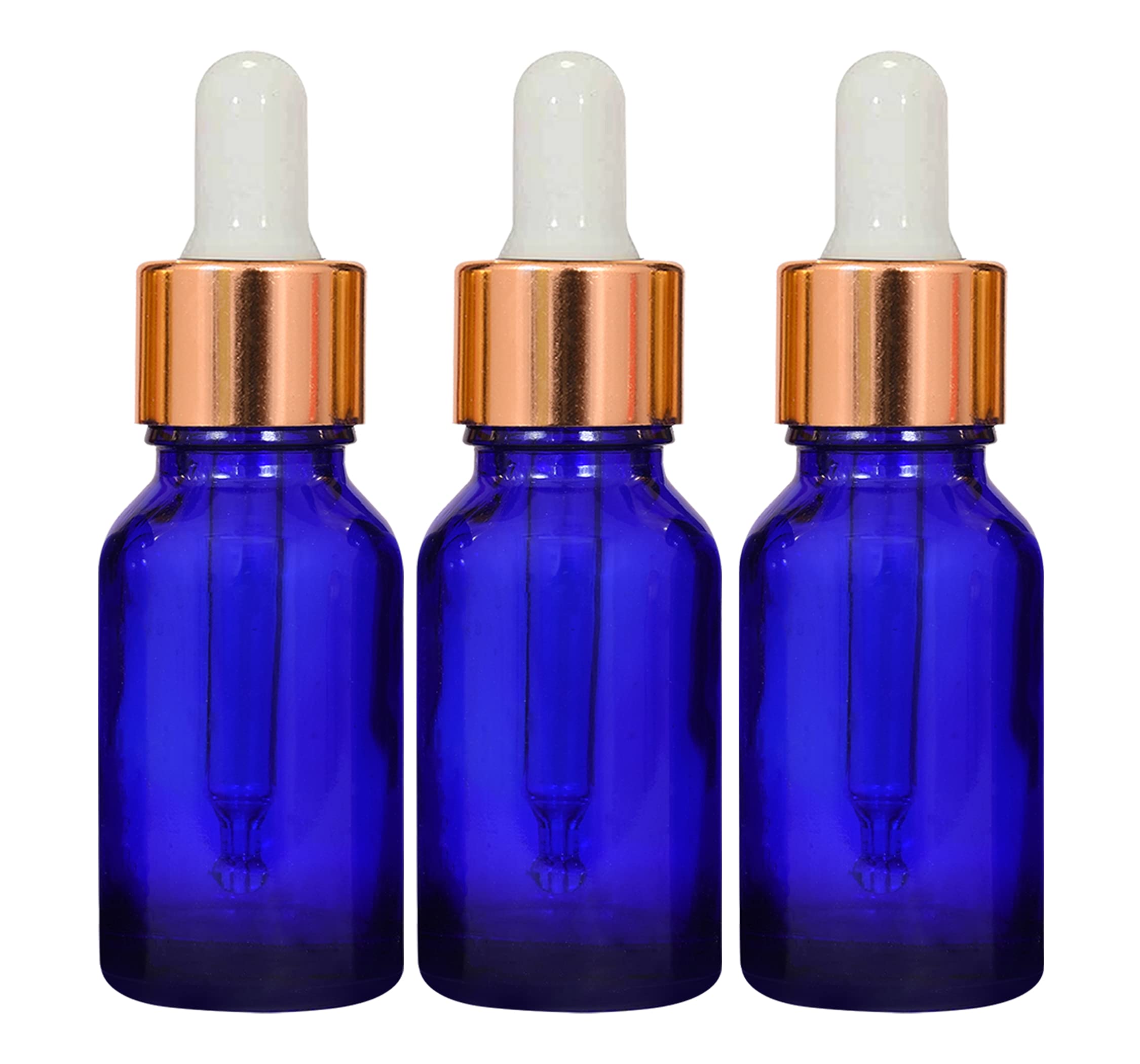 NSB Herbals 15ml Blue Round Empty Glass Bottle with Glass Dropper, Gold Ring & Silicone White Teat - Refillable, Reusable, Leak Proof for Essential Oils, DIY Perfumes, Face Serums & Aromatherapy Blends (Pack of 3) - Perfect for Travel, Gifts & Home Spa Use