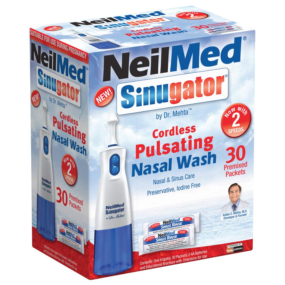 NeilMed Sinugator Cordless Pulsating Nasal Wash Kit - Includes 1 Irrigator, 30 Premixed Saline Packets & 3 AA Batteries | Safe & Effective Nasal Irrigation for Sinus Relief, Allergies & Cold Symptoms | Perfect for Home, Travel & Daily Nasal Care