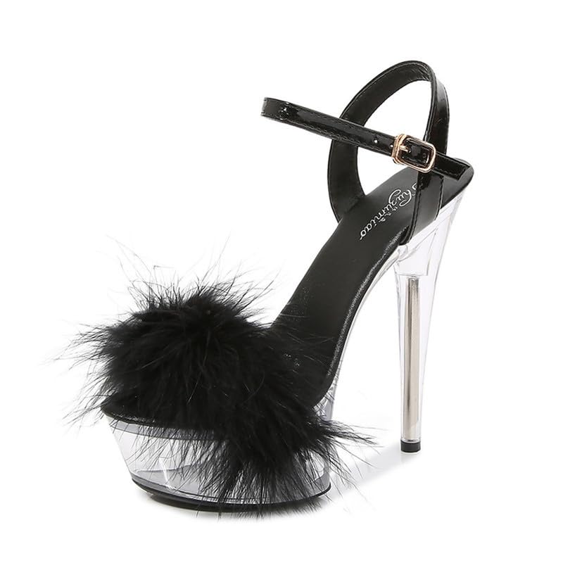 Clear Platform Heels with Ankle Strap & Furry Detail - Women's Stiletto Sandals for Parties, Weddings & Night Out