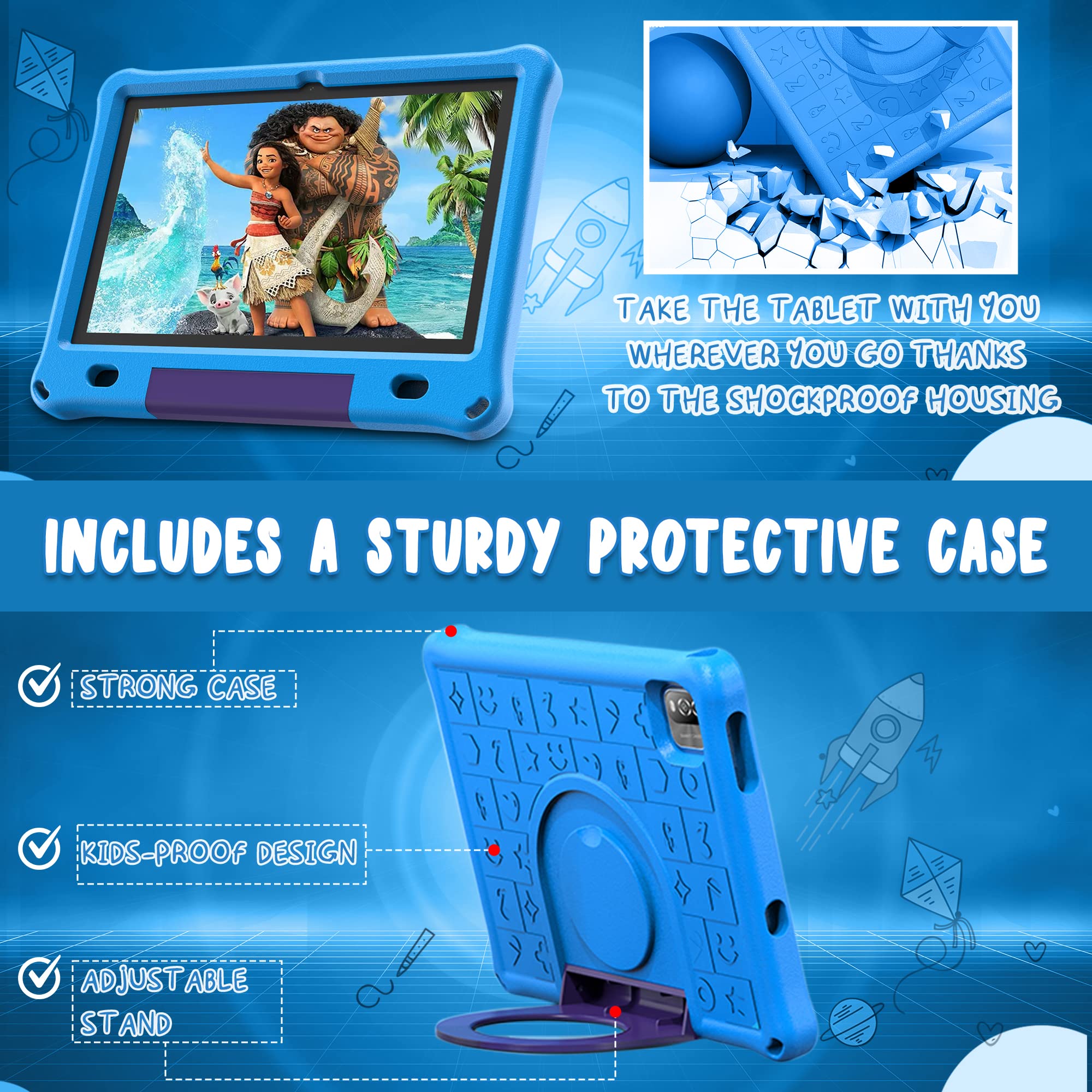CosmoToys Kids Tablet with Parental Control - 7 Inch Android 12 Tablet for Children | Includes Car Storage Cover & Tablet Holder | 6000mAh Battery | Blue | Perfect for Travel, Learning & Entertainment