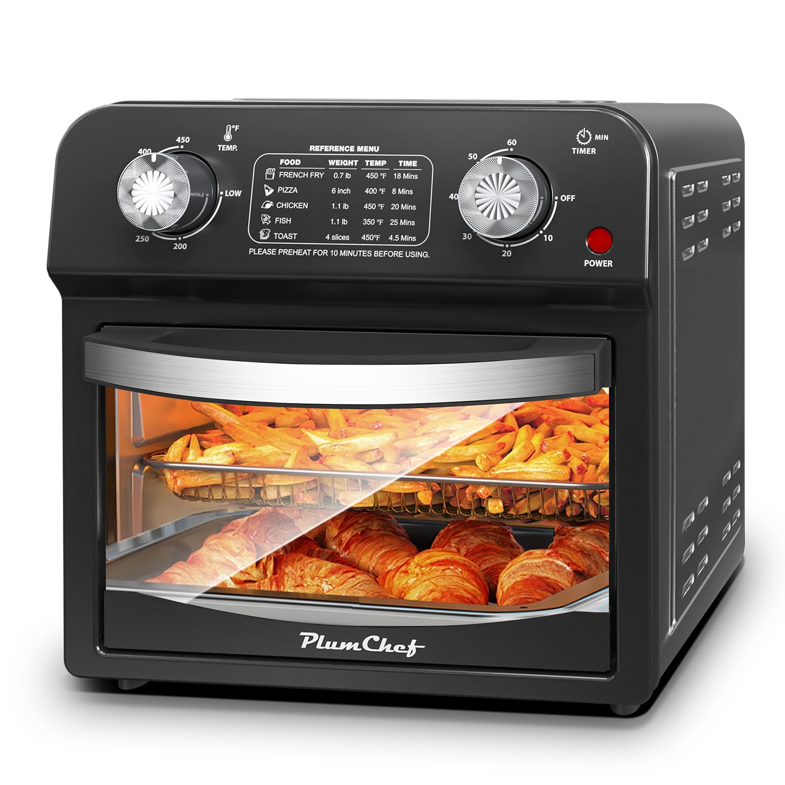 PlumChef 13 Quart 4-Slice Air Fryer Toaster Oven - 1500W 7-in-1 Multifunction Countertop Convection Oven for Roasting, Baking, Grilling, Broiling, Toasting, Dehydrating & Defrosting - Includes Recipe Guide - Perfect for Small Kitchens, Dorms & RV Cooking (Black)