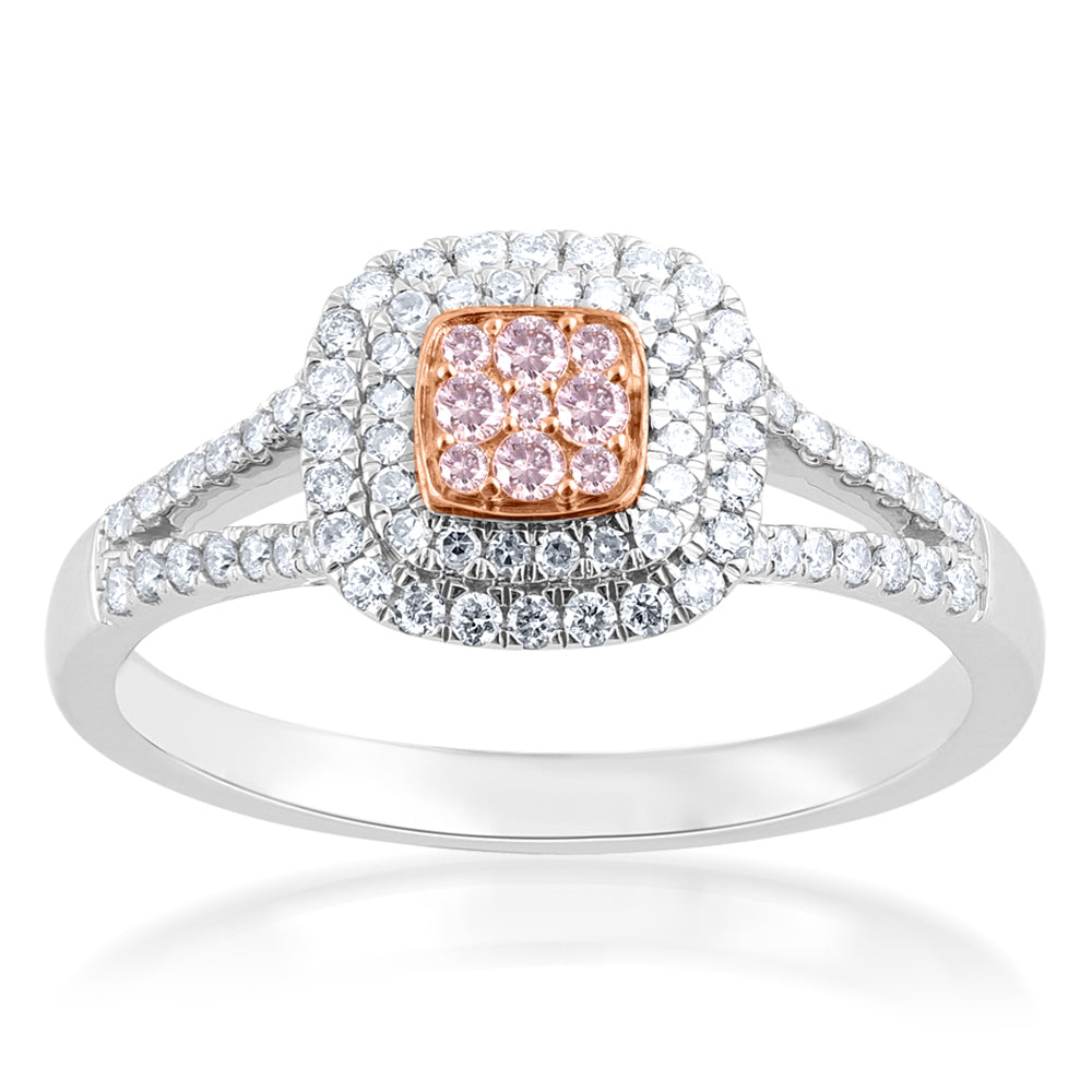 9ct White and Rose Gold 1/2 Carat Diamond Halo Ring With Pink Argyle Diamonds - Elegant Engagement & Wedding Ring for Women, Perfect for Proposals, Anniversaries and Special Occasions