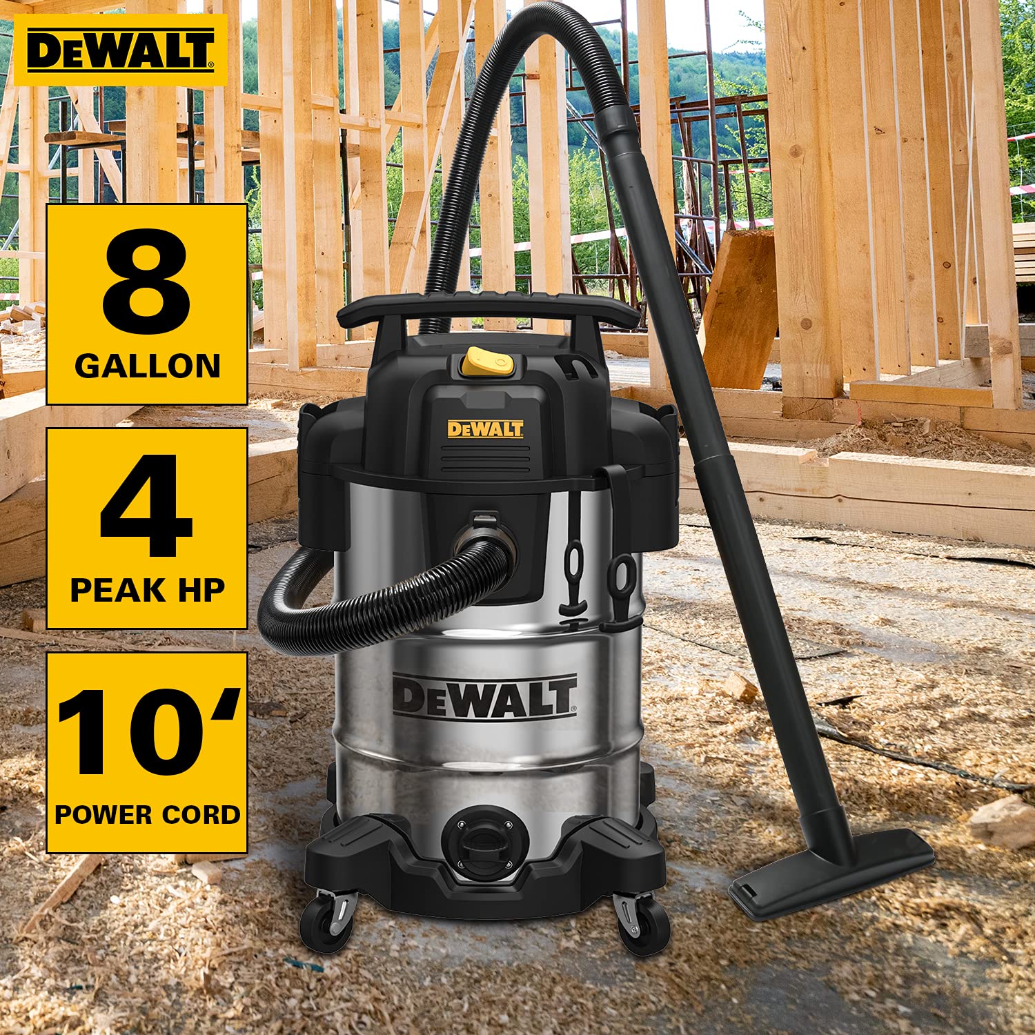 DEWALT DXV08S 8 Gallon Wet/Dry Vacuum Cleaner - 4 Peak HP Powerful Shop Vac with Stainless Steel Tank - Ideal for Home, Garage, Workshop, and Construction Site Cleaning