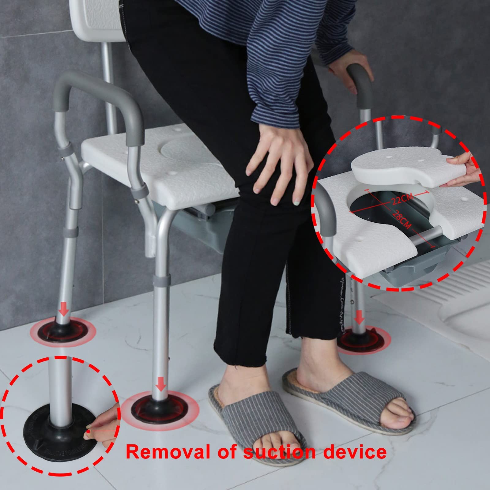 **Adjustable Shower Chair with Arms & Back for Elderly - Non-Slip Rubber Tips, Medical Bedside Commode & Raised Toilet Seat (3-in-1) - Ideal for Seniors, Disabled & Post-Surgery Recovery (Color: C)**