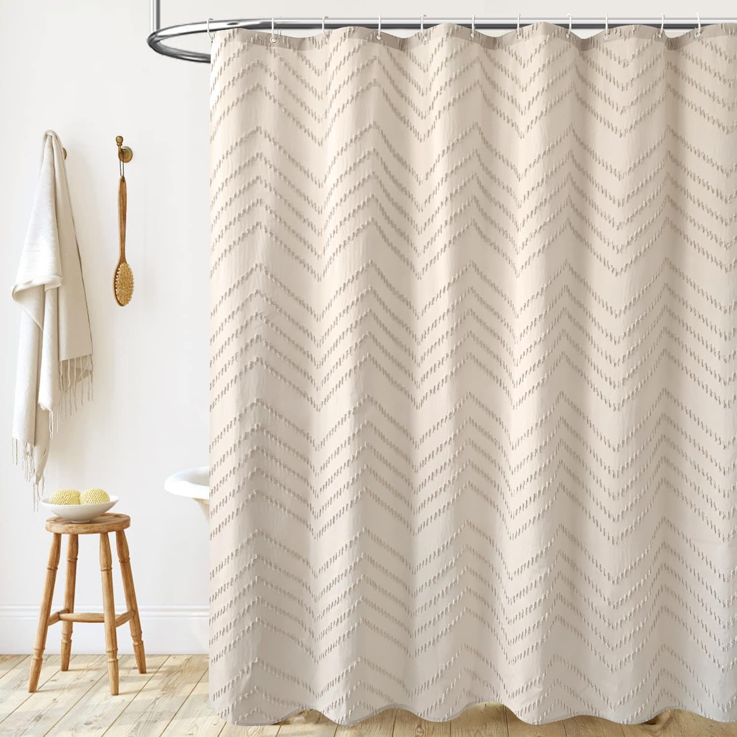 Beige Boho Shower Curtain 72x72 - Modern Farmhouse Bathroom Decor with Bohemian Chic Tufted Chevron Texture & Minimalist Striped Design - Woven Fabric Shower Curtain for Spa, Guest Bath & Master Bathroom