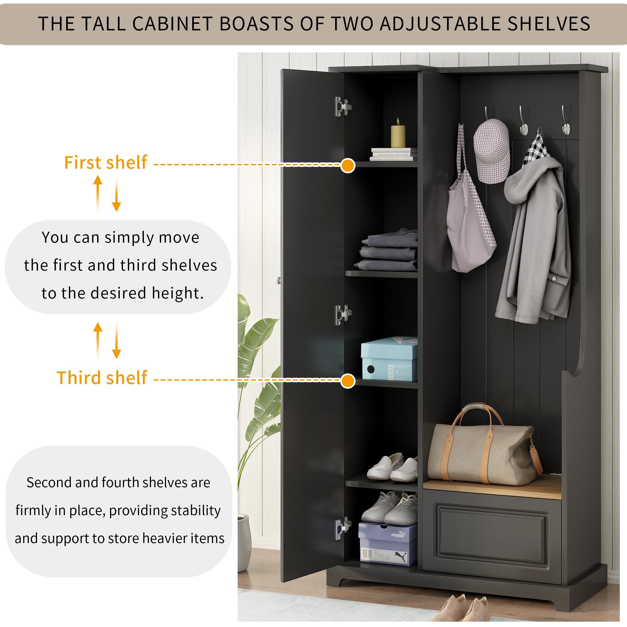 3-in-1 Hall Tree with Bench, Shoe Storage & Coat Rack - Multifunctional Entryway Organizer with Flip-Up Storage, Adjustable Shelves & Tall Wood Cabinet - Perfect for Hallway, Foyer & Mudroom Organization (Black)