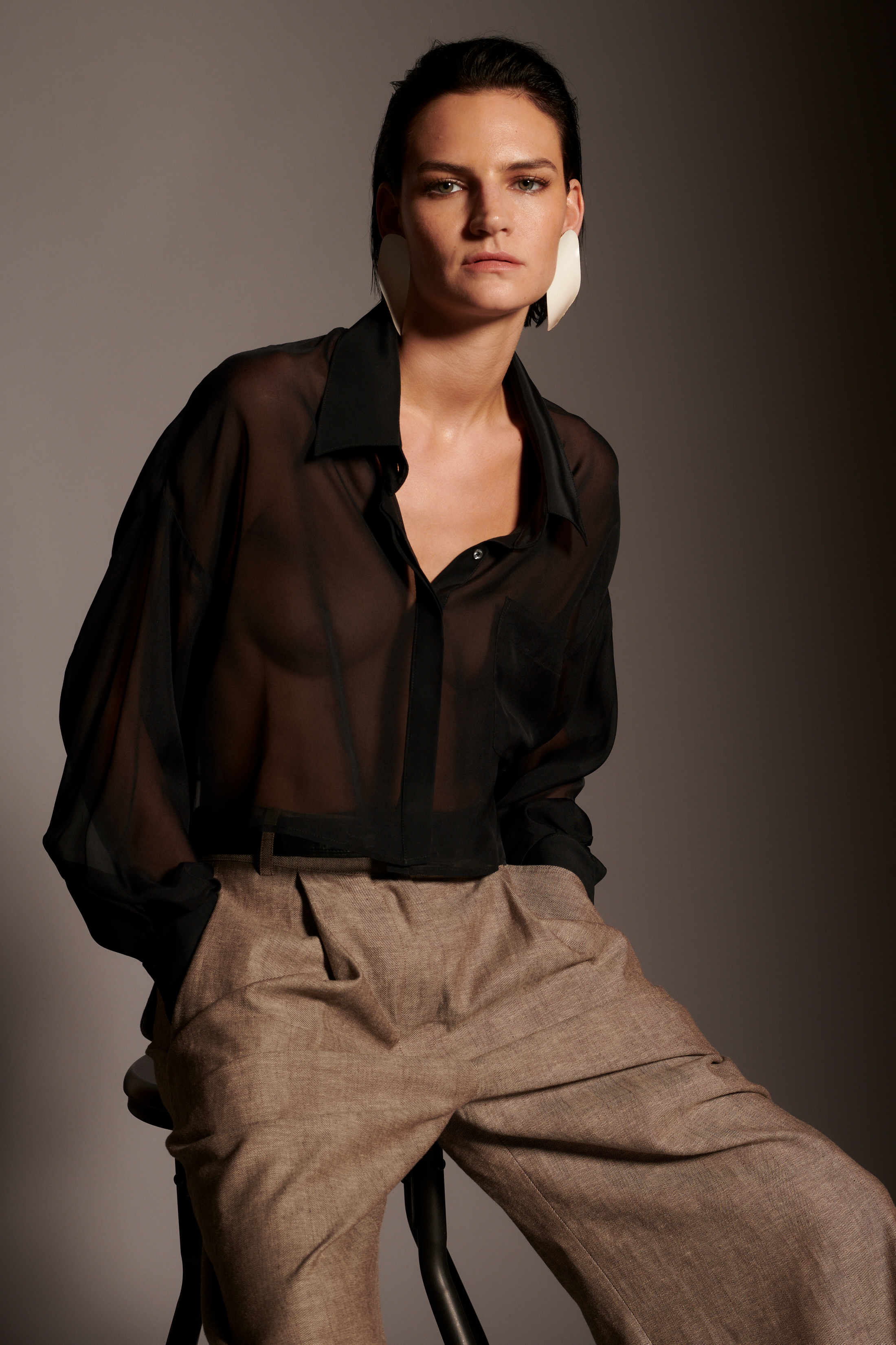 Black Cropped Oversized Chiffon Button Up Shirt for Women - Casual Summer Blouse for Beach, Office & Date Night