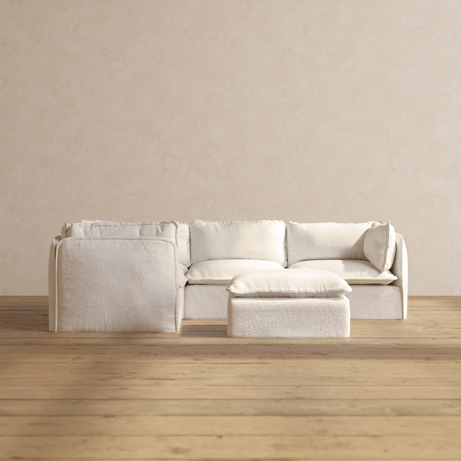 Modular Performance 4-Seater Corner Sectional Sofa with Ottoman in Mousse Fabric | Luxury Blend Sofa Set for Living Room, Lounge & Family Room