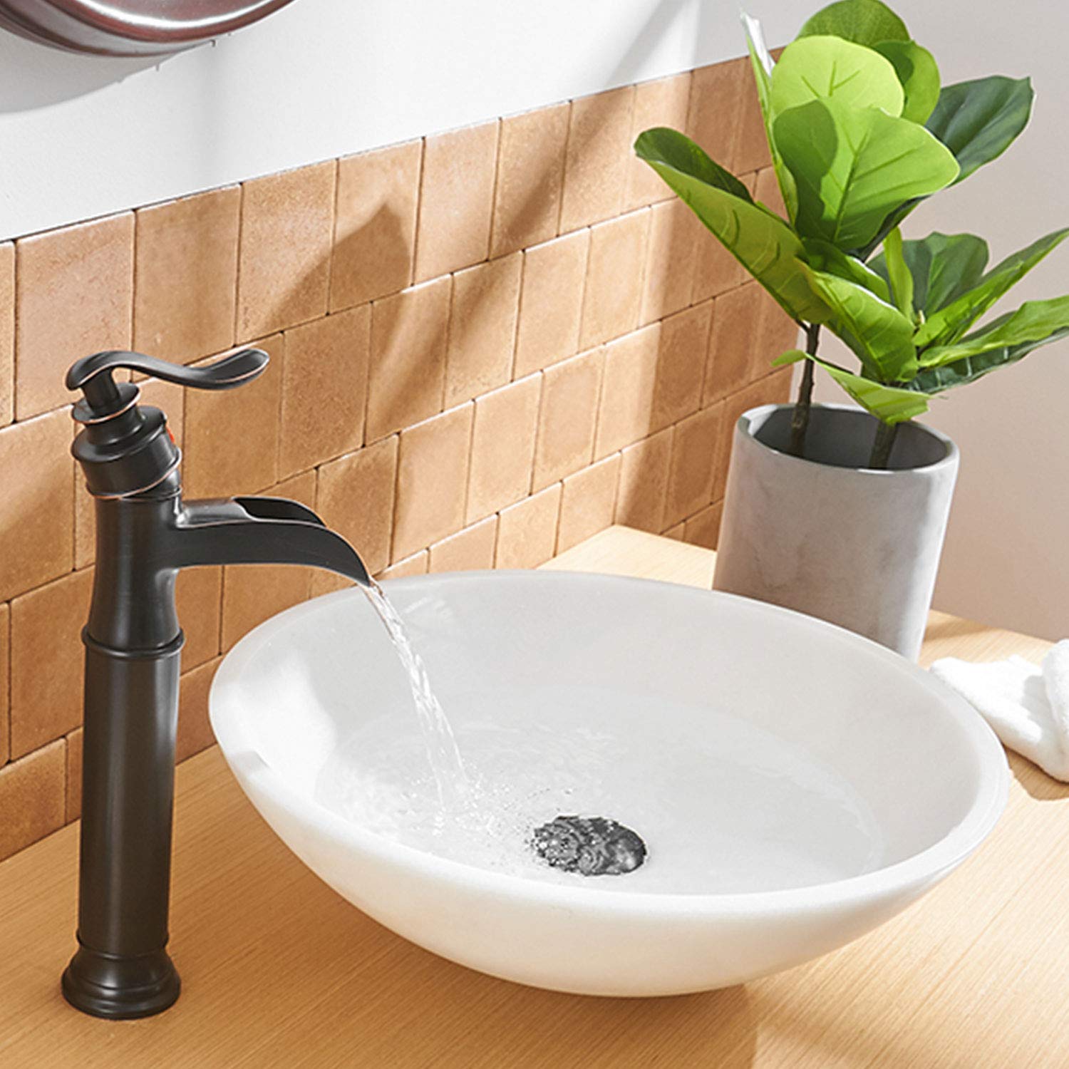 Oil Rubbed Bronze Vessel Sink Faucet with Waterfall Spout & Pop-Up Drain - Single Handle Bathroom Vanity Faucet Set with Overflow Drain Stopper - Perfect for Modern Farmhouse & Spa Bathroom Decor