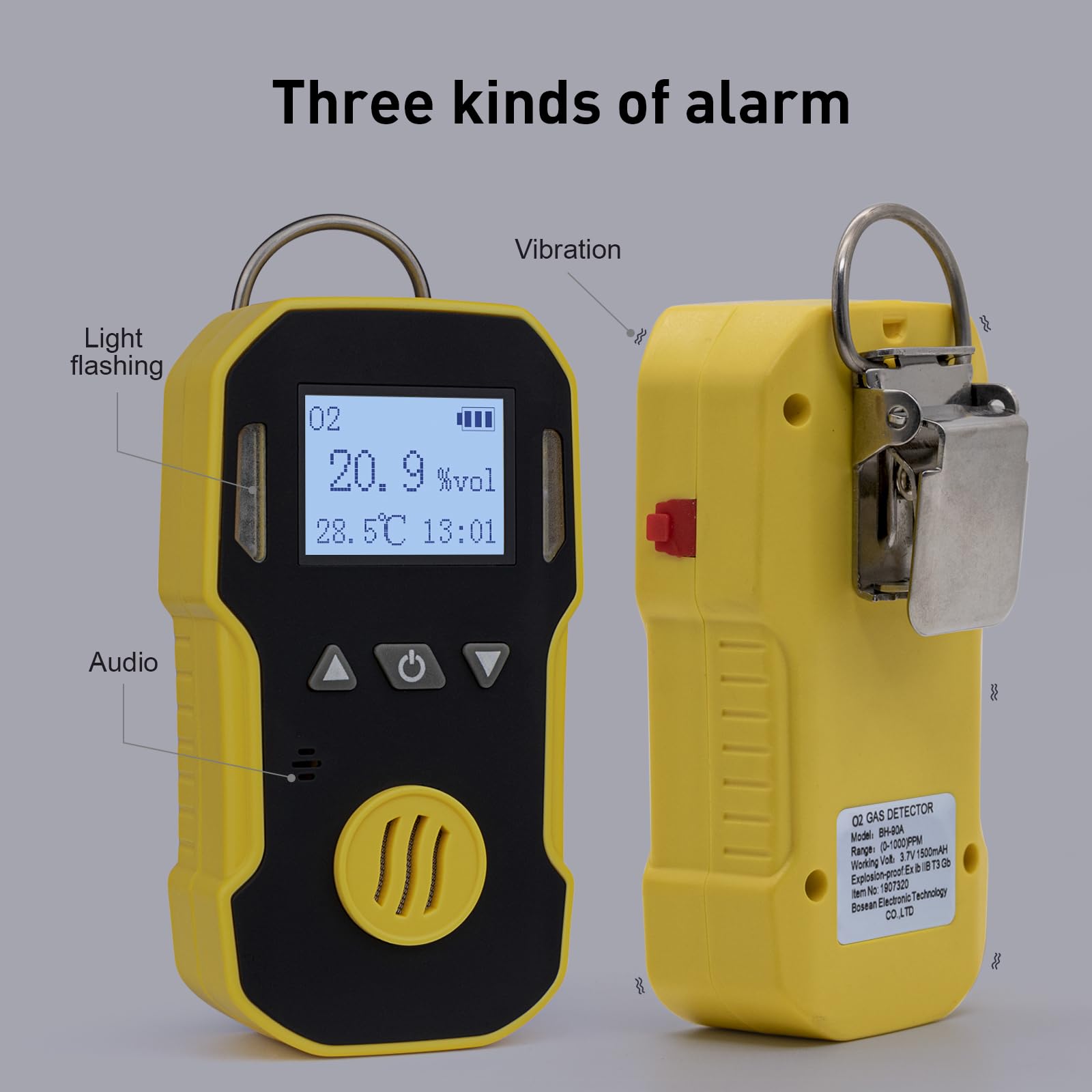 BOSEAN Portable Oxygen Gas Detector - O2 Gas Monitor with Audio, Visual & Vibration Alarms - Rechargeable Gas Tester with Temperature Sensor, LED Backlight & Clip - Perfect for Industrial Safety, Mining, Confined Spaces & Home Use