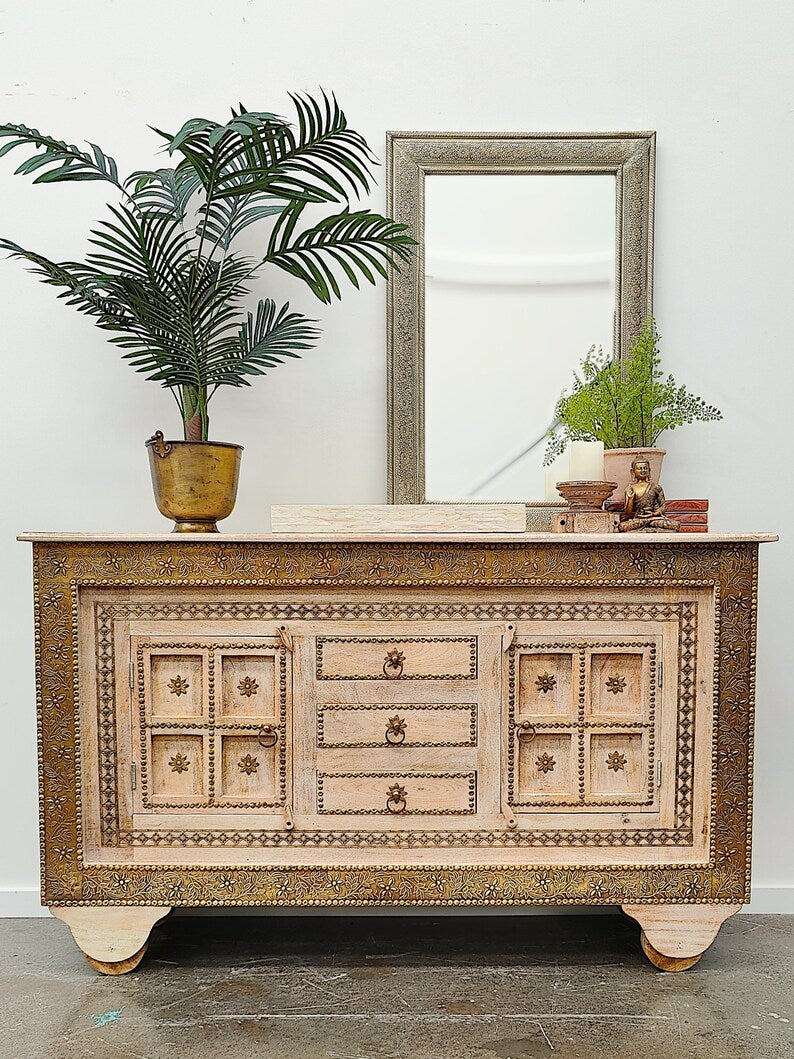 Vintage Moroccan Boho Sideboard Cabinet - Embossed Brass & Distressed Timber Buffet on Wheels for Living Room, Dining Room & Bedroom Storage