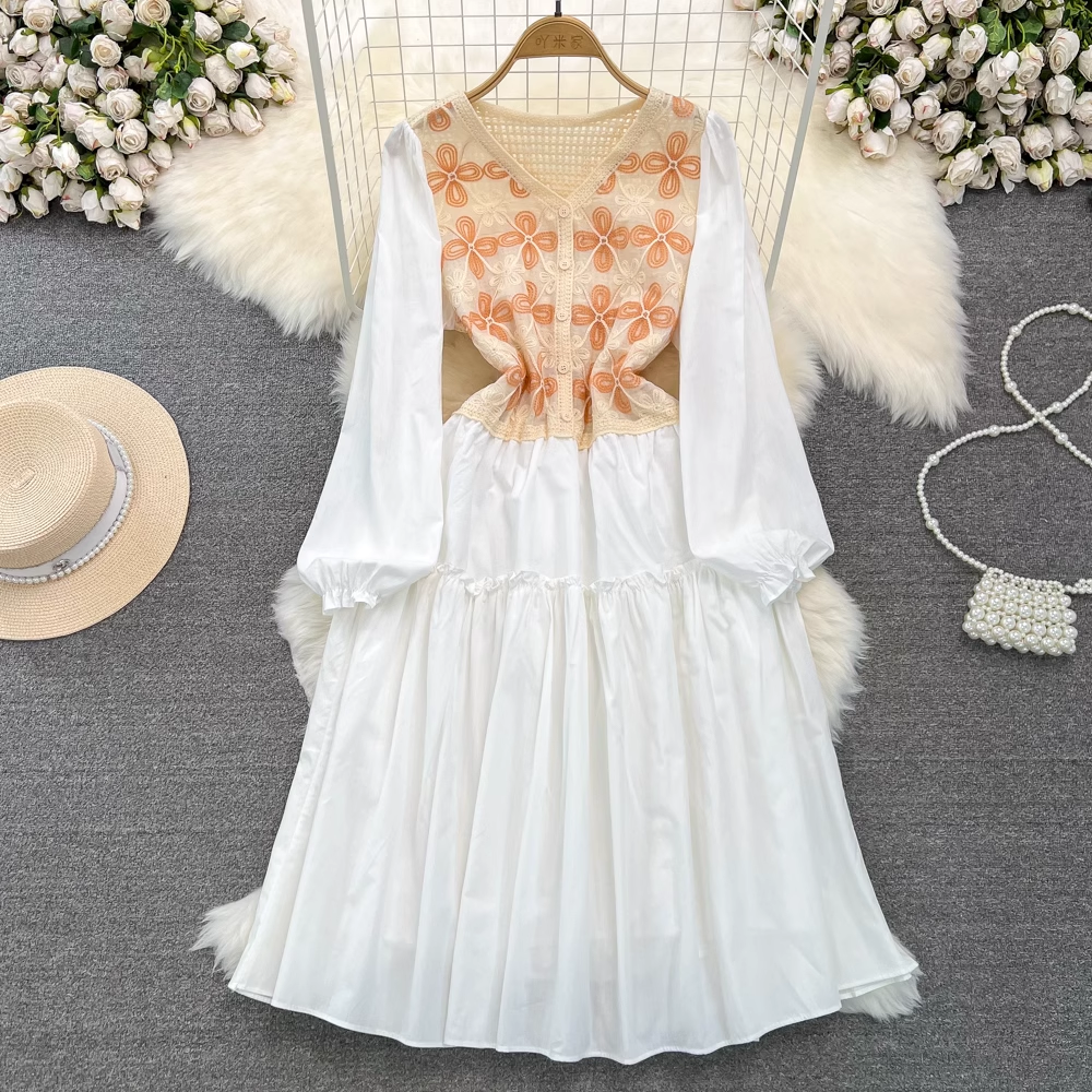 Fairy Sweet Bubble Long Sleeve V-Neck Knit Midi A-Line Dress 1354 - Elegant Casual Wear for Women, Perfect for Office, Date Night & Spring Outfits