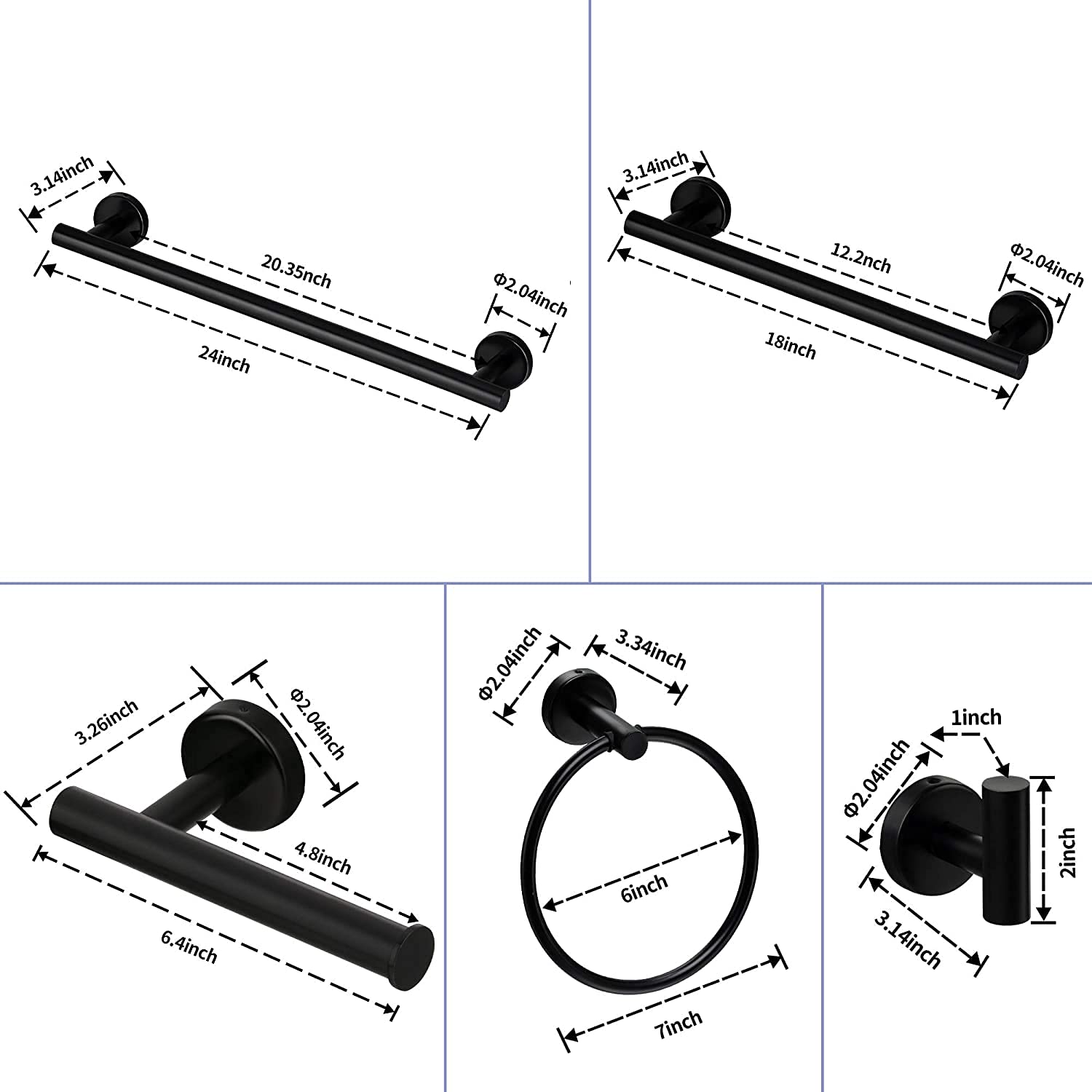 6-Piece Stainless Steel Bathroom Towel Rack Set - Wall Mounted Robe Hooks, Towel Ring, Bar & Toilet Paper Holder - Modern Black Bathroom Organizer for Home, Hotel & Spa Decor