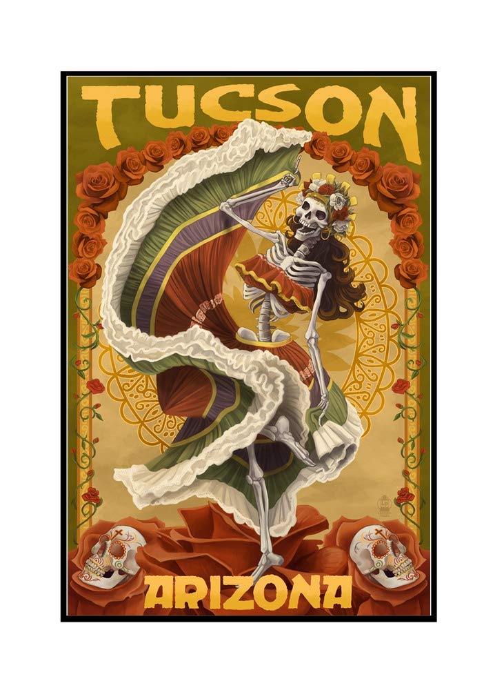 Day of the Dead Skeleton Dancing Canvas Art - 24x36 Framed Gallery Wrapped Wall Decor - Mexican Folk Art for Halloween & Home Decor - Perfect for Living Room, Bedroom or Office