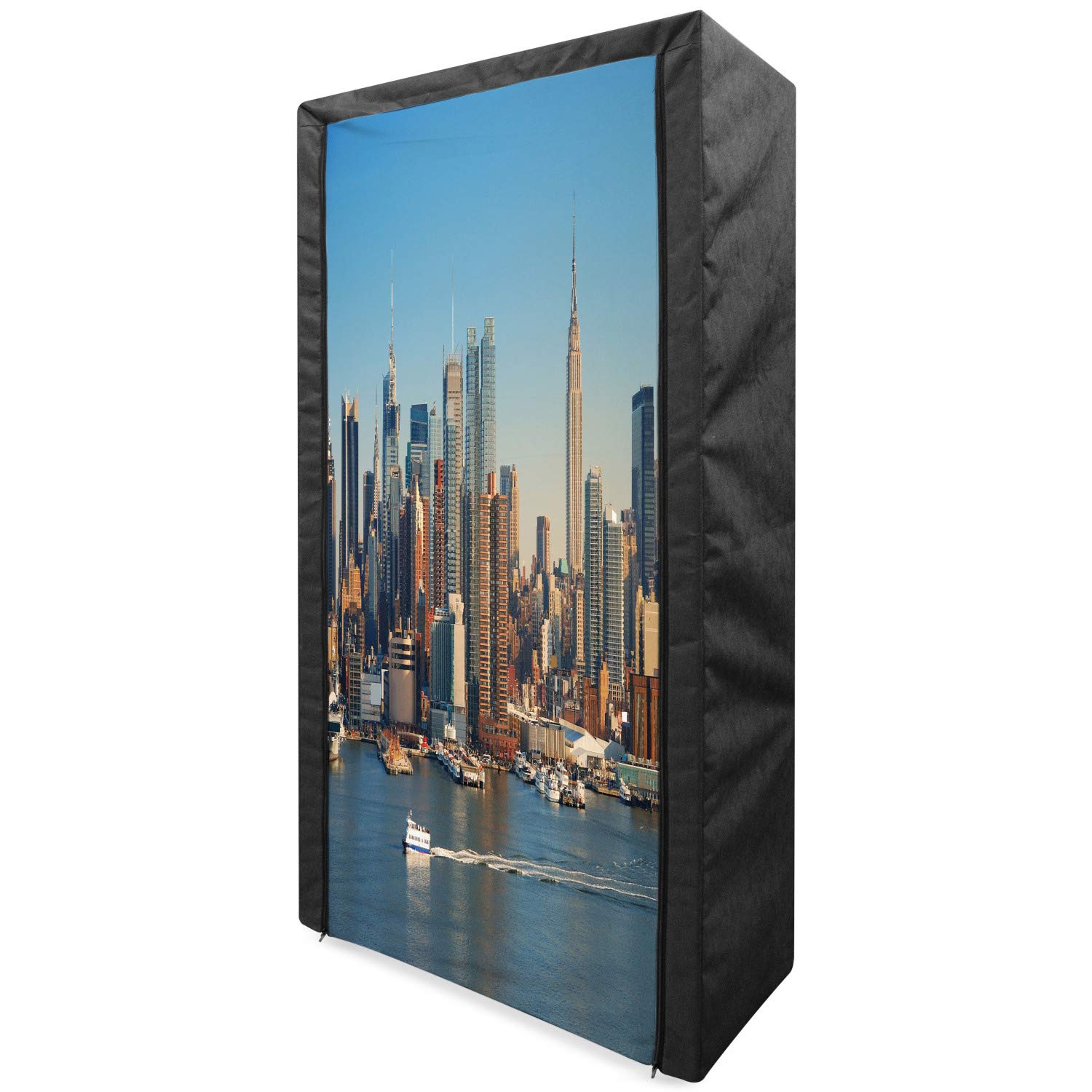 Ambesonne Urban Portable Fabric Wardrobe with Shelves - New York City Skyline Design Featuring Empire State Building, River & Boats - 33.5