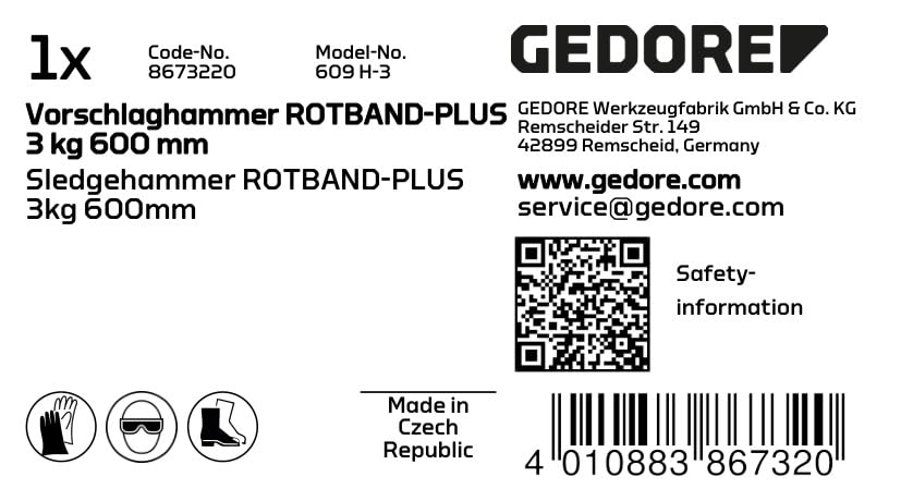 GEDORE 609 H-3 Sledge Hammer ROTBAND-Plus 3kg (6.6lbs) 600mm (23.6in) - Heavy Duty Forging & Demolition Tool for Construction, Metalwork & Blacksmithing