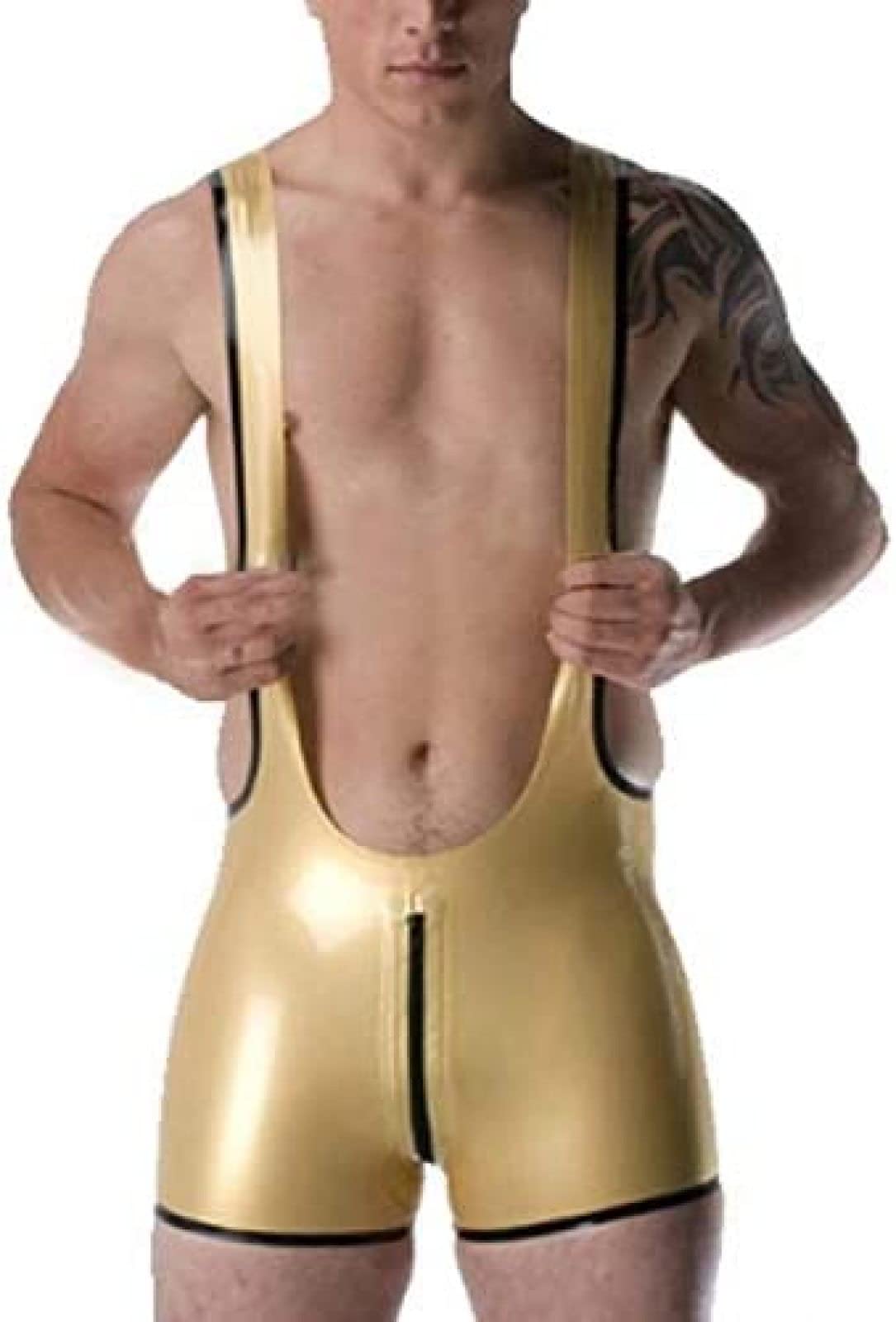 **Premium Gold Latex Rubber Shorts for Men - Suspender Pants in Green, X-Large - Perfect for Fetish Wear, Cosplay & Latex Fashion Enthusiasts**