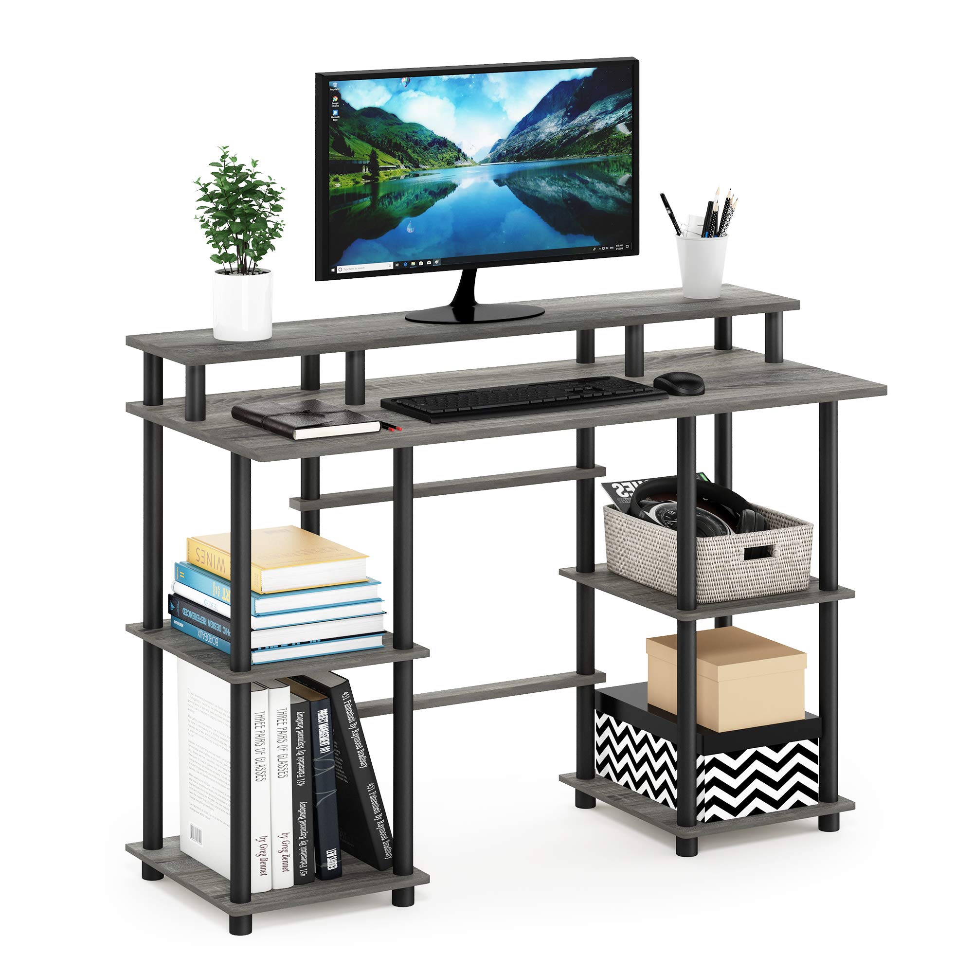 Furinno Turn-N-Tube Computer Desk - French Oak Grey & Black - Compact Home Office Desk for Small Spaces, Gaming & Study