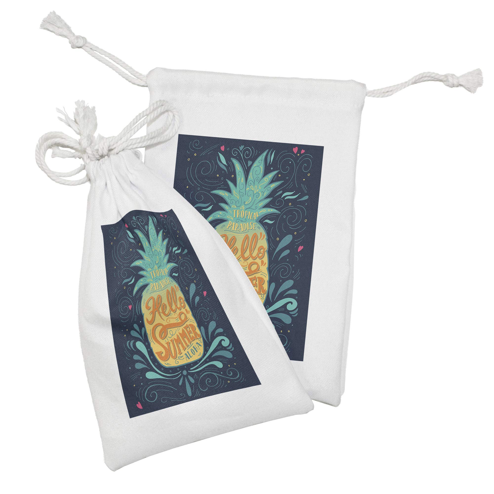 Ambesonne Tropical Fabric Pouch Set of 2 - Pineapple with Hearts Swirls & Teardrop Design, 9