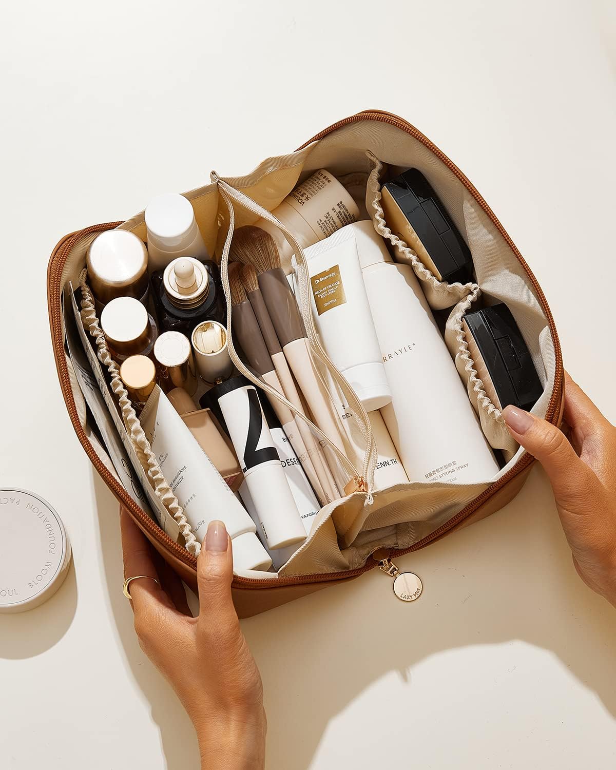 ABTRIX WITH AB Travel Makeup Bag - Large Waterproof Cosmetic Organizer for Women with Dividers & Handle, Multi-Color Toiletry Pouch (Brown) | Perfect for Travel, Gym & Daily Makeup Storage