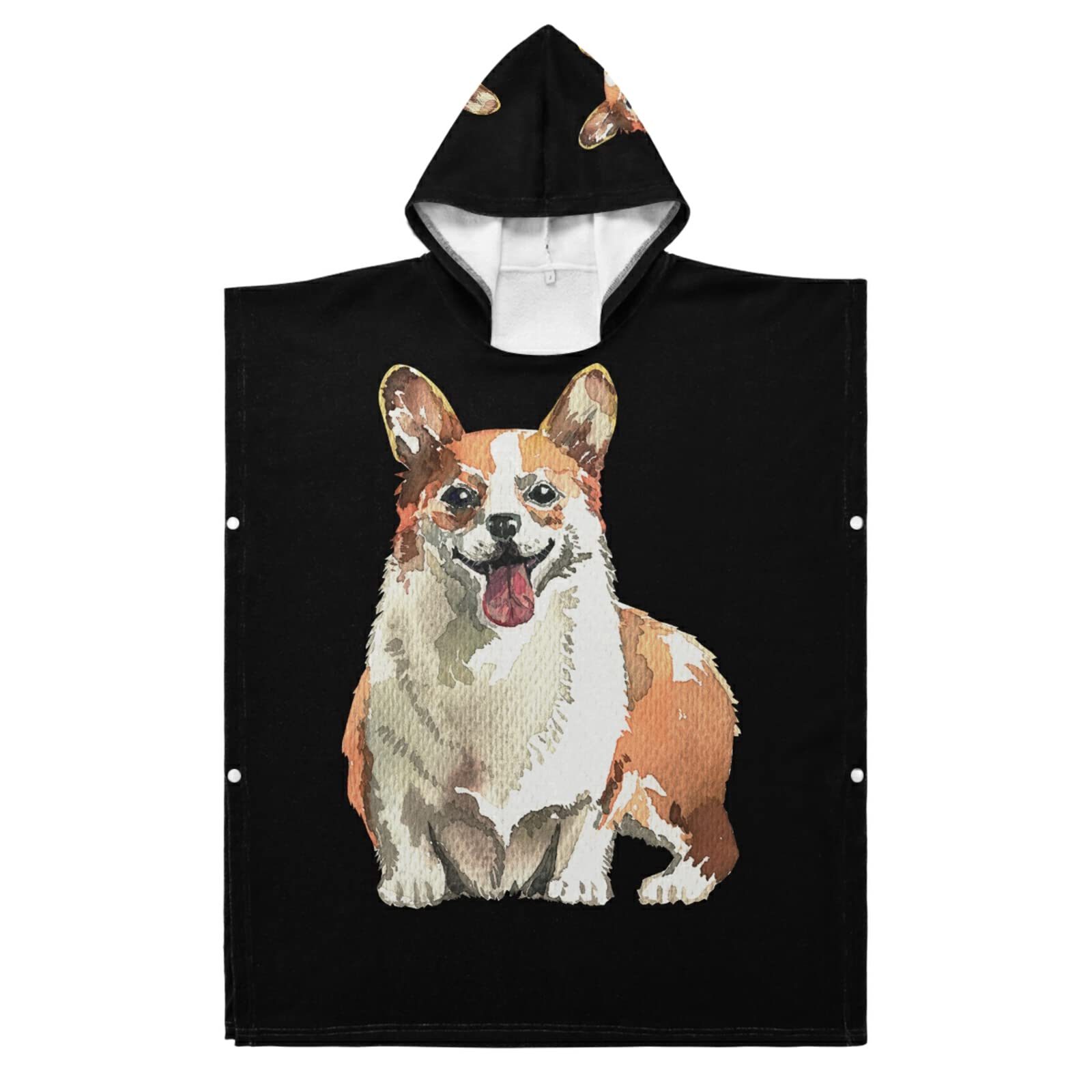 Welsh Corgi Dog Print Kids Surf Poncho Changing Robe - Hooded Children's Bathrobe with Pocket - Waterproof Polyester & Cotton Towel Wetsuit for Beach, Pool & Outdoor Activities