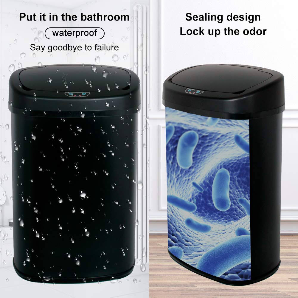 13 Gallon Stainless Steel Automatic Touchless Trash Can - Sensor Kitchen Garbage Bin for Bathroom, Office, Restroom - Black | Hands-Free Waste Disposal for Hygiene & Convenience