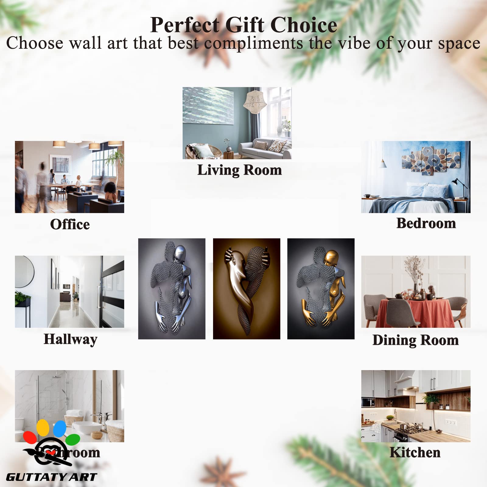 3D Metal Effect Wall Art - Love Heart Gray & Gold Silver Modern Wall Decor for Living Room, Bedroom - Valentine's Day Romantic Gift for Couples - 20