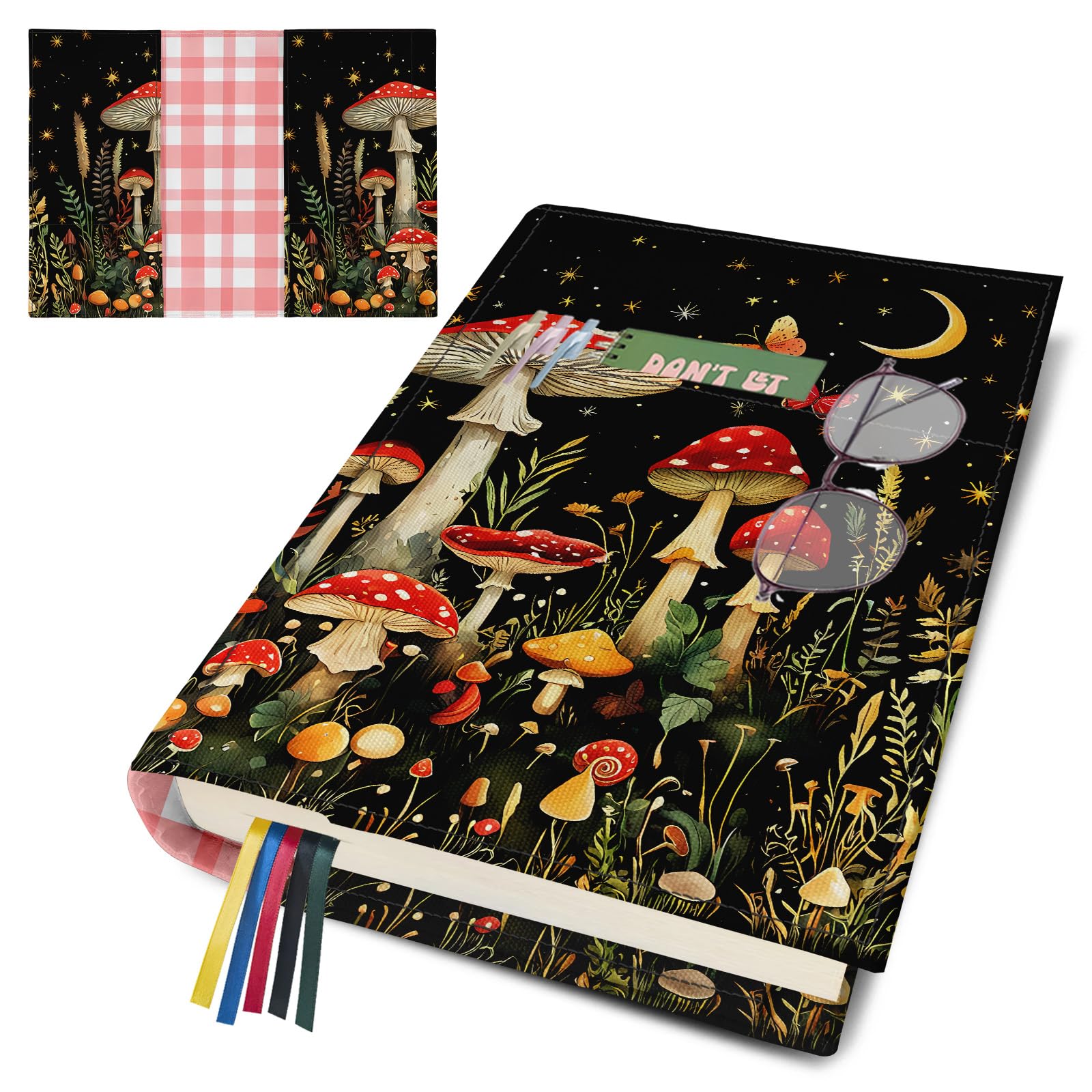 Adjustable Mushroom Paperback Book Cover Protector - Washable Soft Canvas Fabric Book Cover with Bookmark - Double-Sided Print Dust Jacket for Hardcover Bible, Novel & Books - Perfect Gift for Book Lovers (Ideal for Reading, Travel & Book Protection)