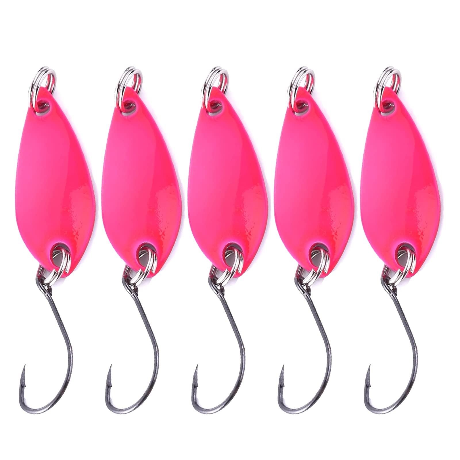 5PCS Mini Fishing Casting Metal Spoon Lures with Mustad Hooks - Slim Fishing Spoons Baits for Bass, Trout, and Walleye (Pink) - Perfect for Freshwater and Saltwater Fishing Trips