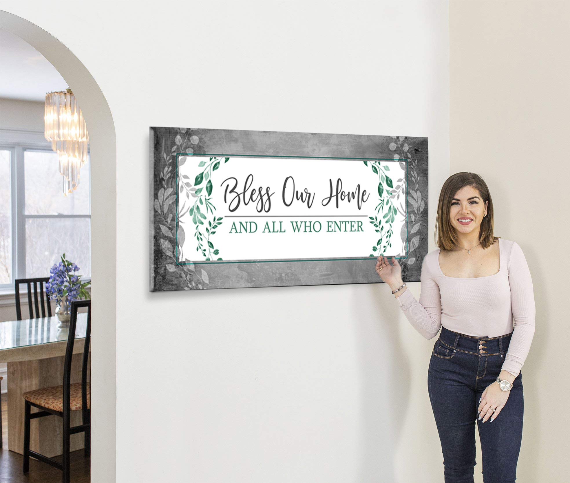 Bless Our Home Sign - Large Canvas Wall Art for Front Door & Entryway Decor, Housewarming Gift (Green, 42x19) - Perfect for Living Room, Bedroom & Home Interior Design