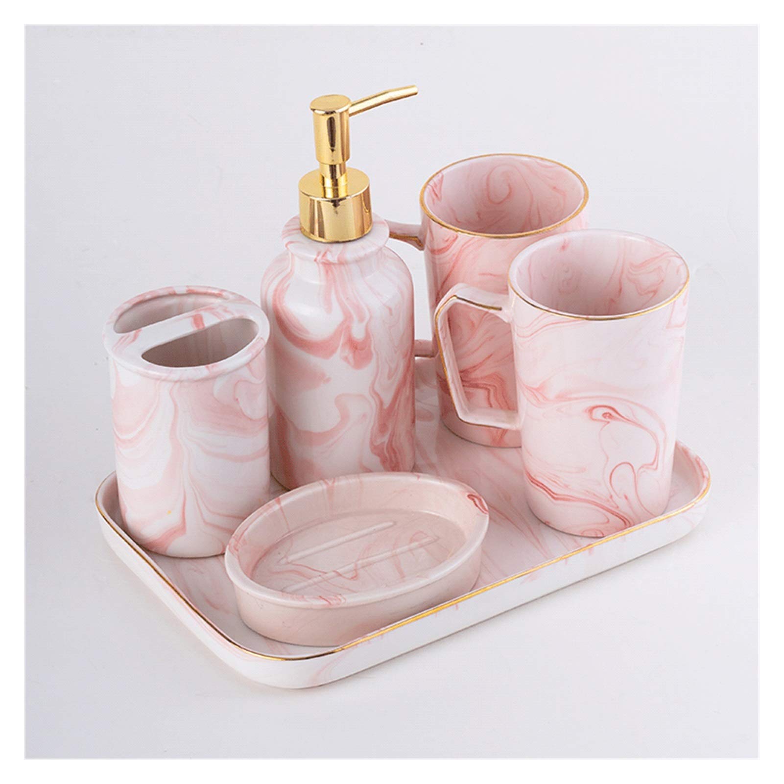 Premium 6-Piece Ceramic Bathroom Set with Marble Tray - Soap Dispenser, Toothbrush Holder, Tumbler & Soap Dish - Elegant Vanity Organizer for Modern Homes (Color: 6-Piece Set B) | Perfect for Guest Bathrooms, Master Suites & Spa-Style Decor