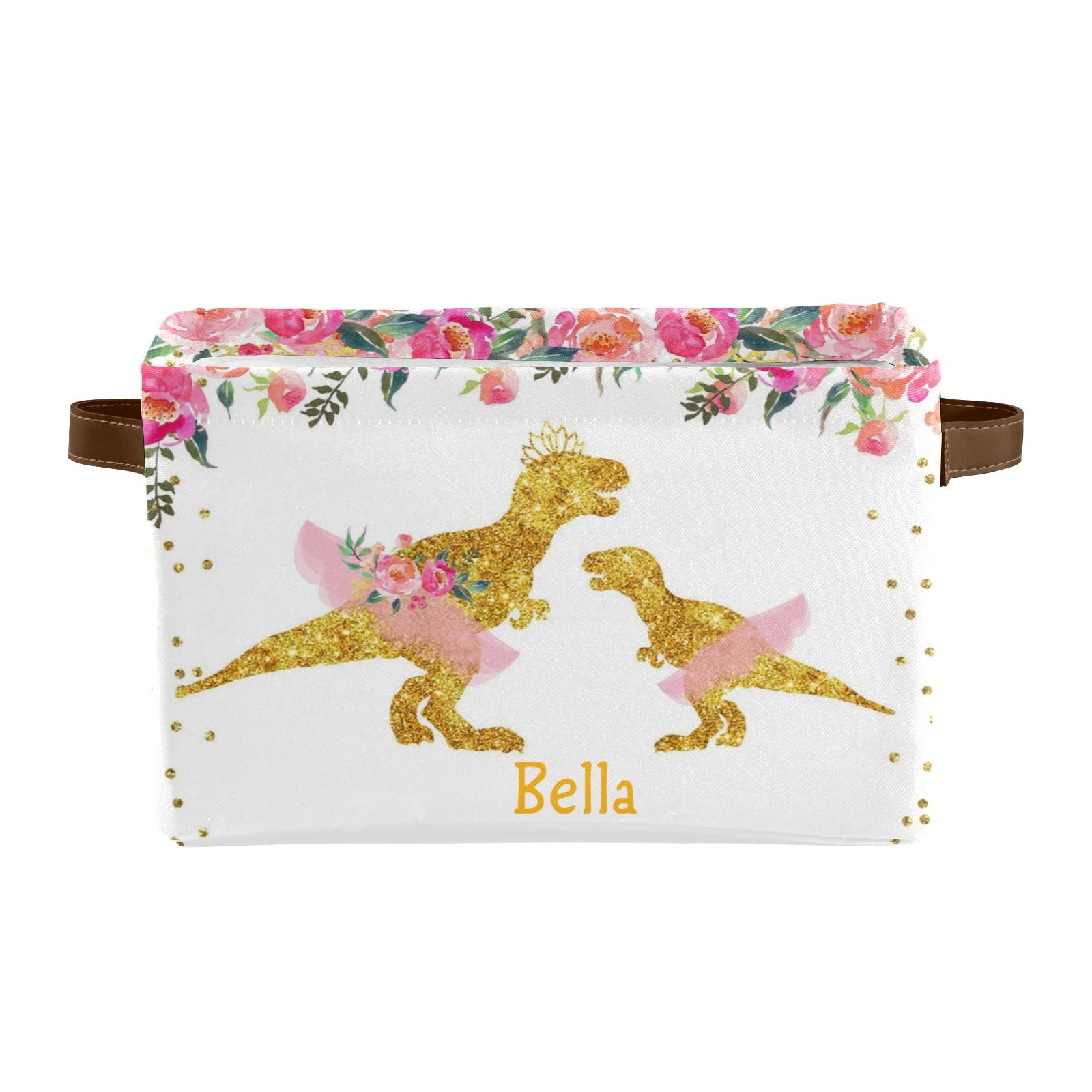 Personalized Golden Dinosaur Flower Canvas Storage Basket - Waterproof Rectangular Nursery Organizer with Custom Name Text - Perfect for Baby Room Decor, Toy Storage & Gift (1 Pack)