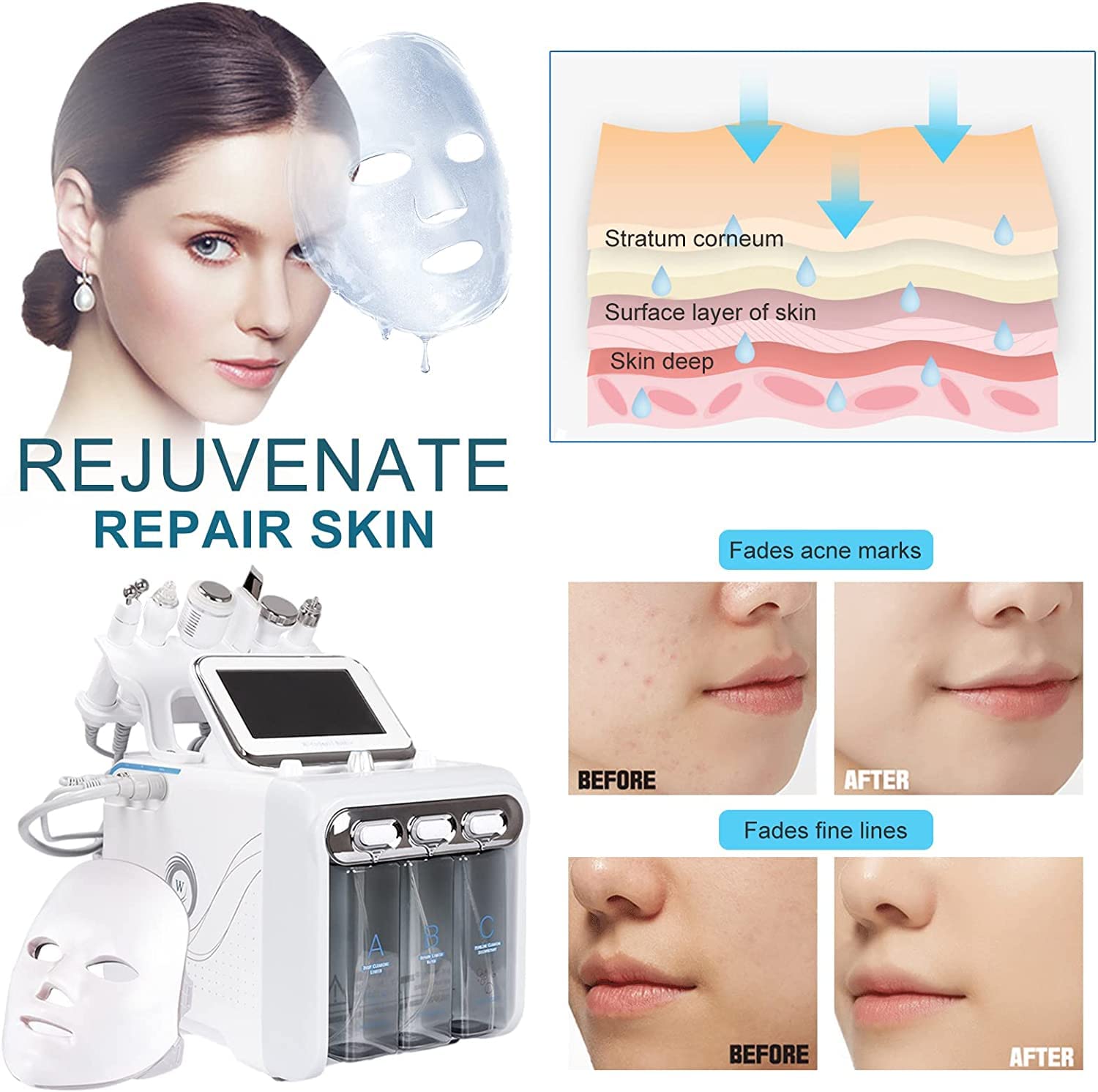 My's Beauty 7-in-1 Hydrogen Oxygen Facial Machine - Diamond Microdermabrasion, LED Mask & HydraFacial Bubble Cleansing for Skin Rejuvenation | At-Home Spa & Professional Skincare Treatment