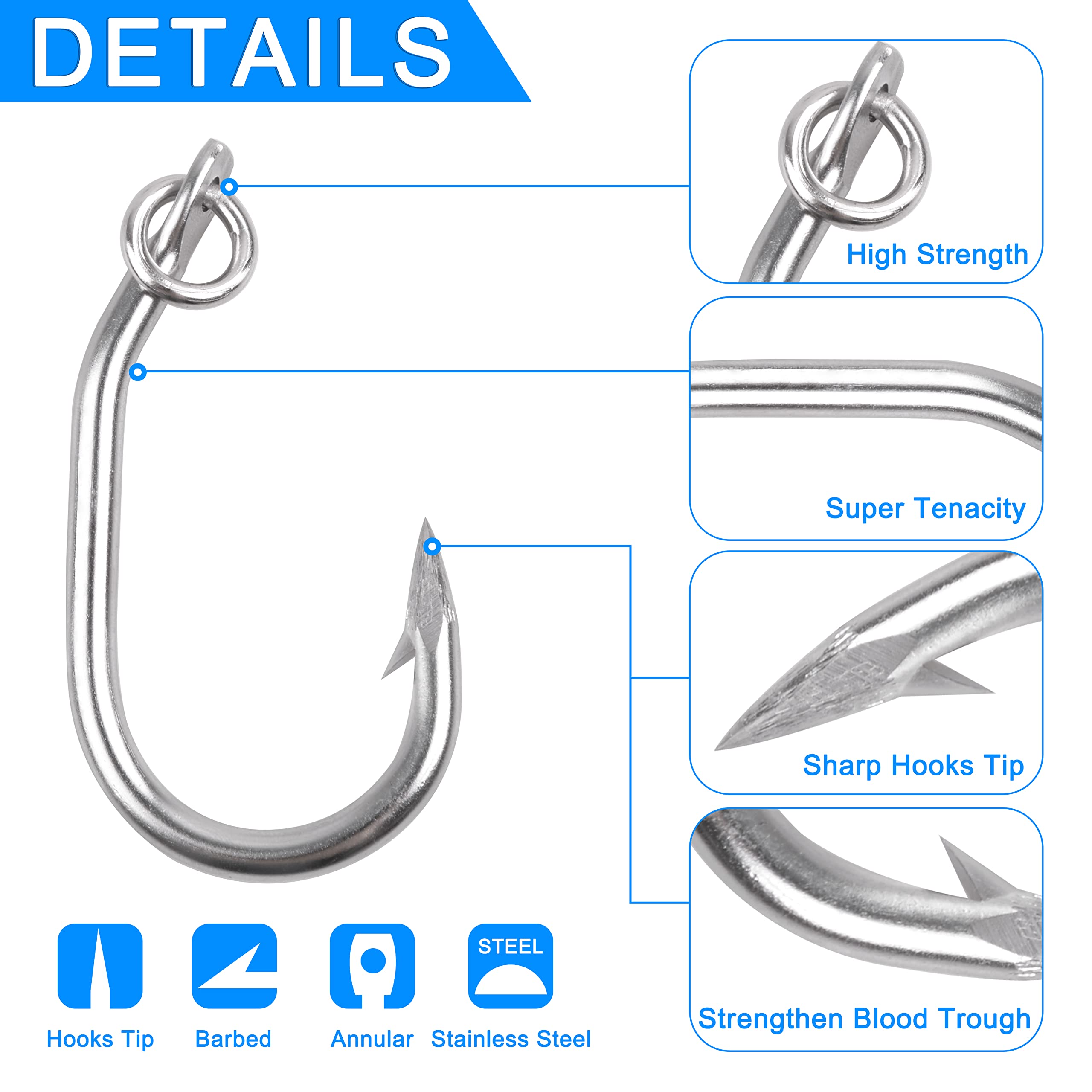 Stainless Steel Ringed Live Bait Fishing Hooks - 10pcs Saltwater Big Game Circle Hooks for Tuna, Shark, Swordfish & Catfish - Durable Ocean Fishing Gear for Deep Sea & Offshore Angling Adventures