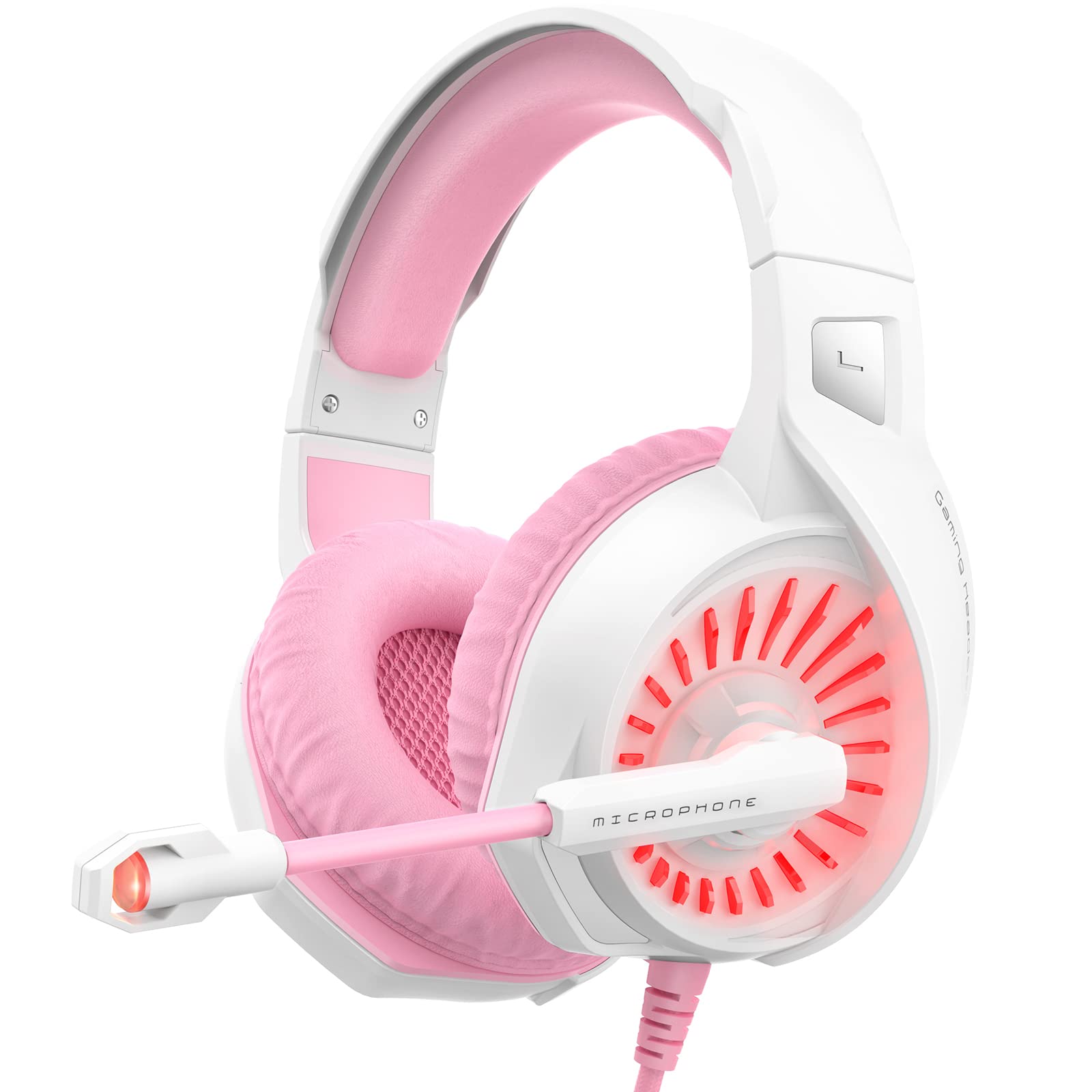 ZIUMIER Z20 Gaming Headset - Wired Over-Ear Headphones with Noise Cancelling Mic & 7.1 Surround Sound for PS4, PS5, Xbox One, PC - Comfortable Earmuffs in White/Pink - Perfect for Gaming, Streaming & Online Classes