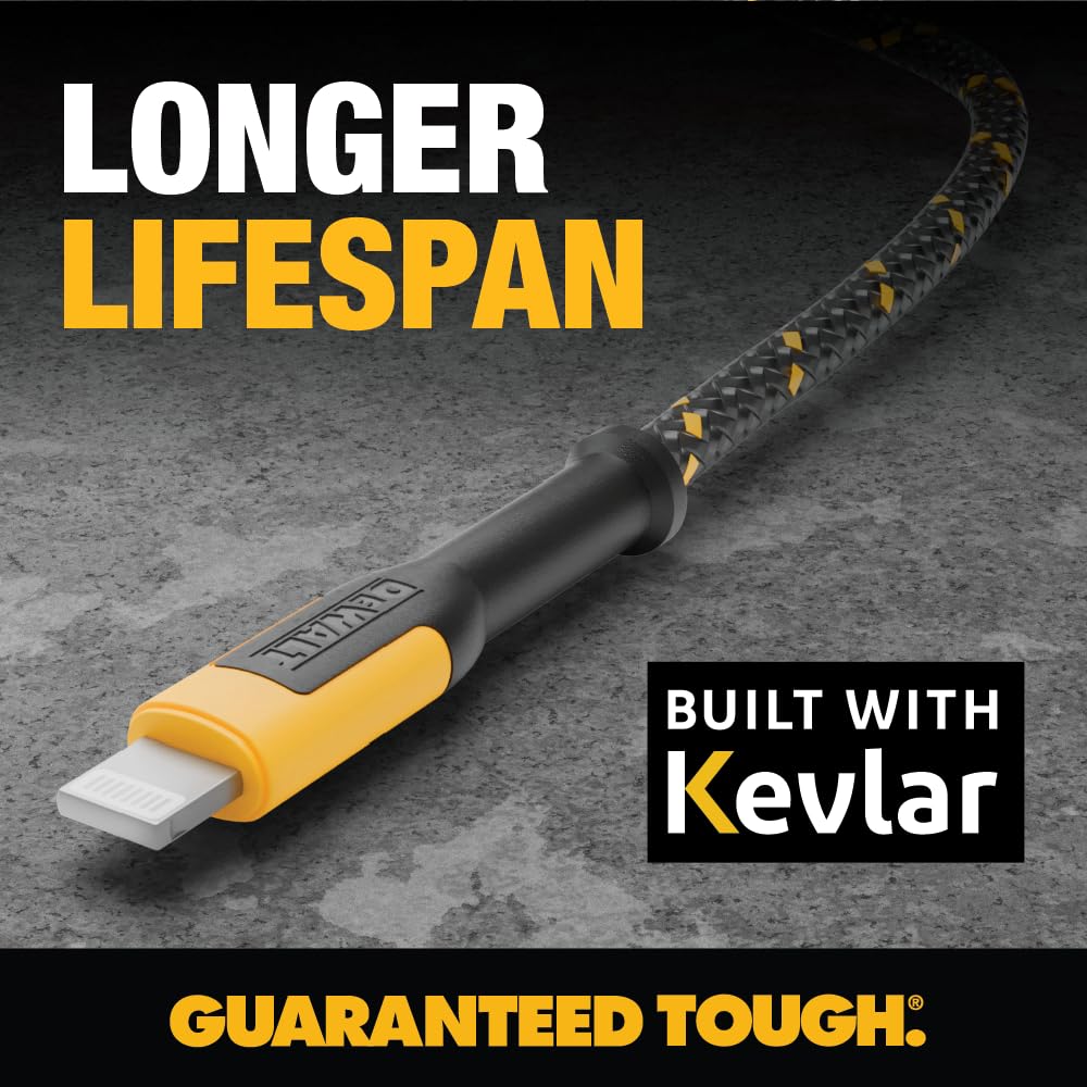 **Durable DEWALT Lightning to USB Cable - Reinforced Braided Charging Cord for iPhone 13/12/11/X/8 & More - Fast Charging & Sync (6ft, USB-A to Lightning) - Perfect for Home, Office & Travel**