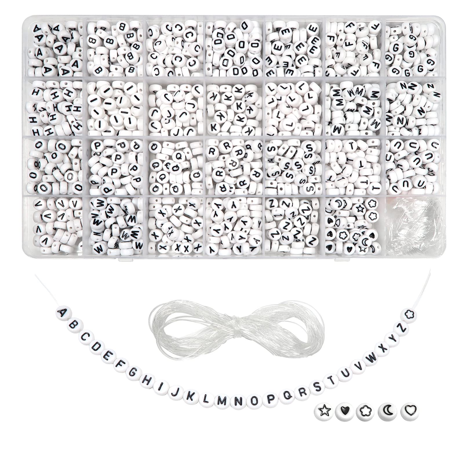 TOAOB 1440pcs 4x7mm White Round Acrylic Alphabet Beads A-Z with Black Letters & Star Heart Charms - DIY Jewelry Making Kit for Bracelets, Necklaces, Keychains - Perfect for Girls Crafts, Friendship Gifts, Party Favors and Personalized Accessories