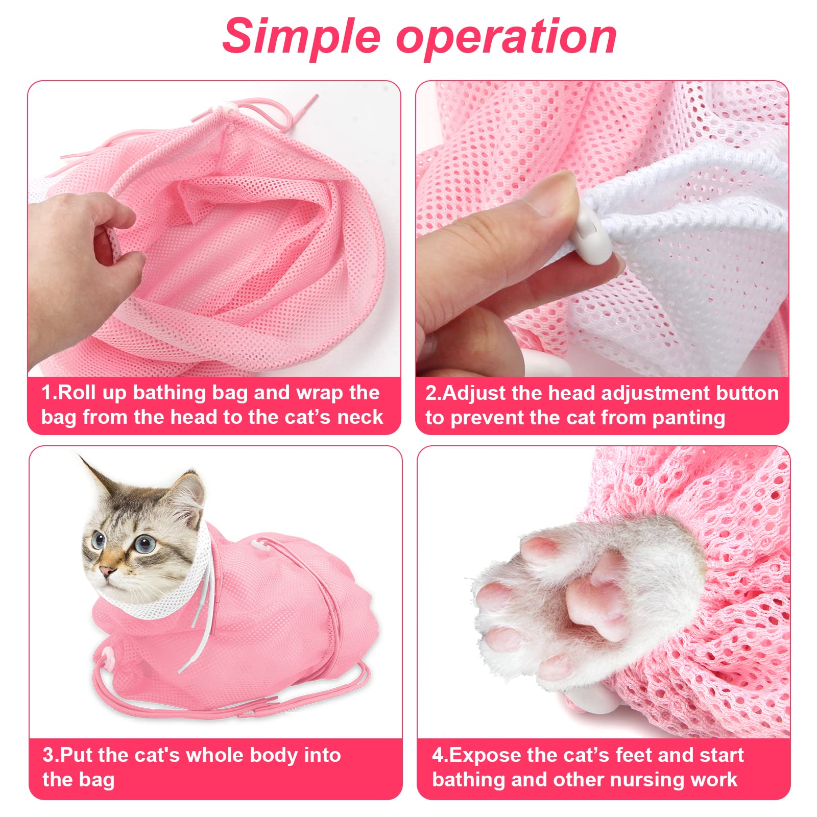 **Breathable Mesh Cat Bathing Bag - Adjustable Anti-Scratch Cat Shower Grooming Bag for Nail Trimming & Washing - Soft Polyester Pet Grooming Accessories (White-Pink) - Perfect for Stress-Free Cat Bathing & Vet Visits**
