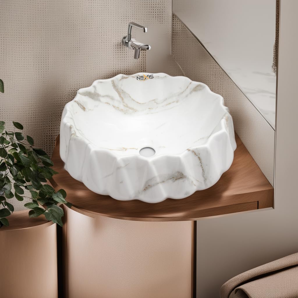 NEXIS Designer Glossy Finish Ceramic Vessel Sink - 16x16x5 Inch Art Wash Basin for Bathroom Vanity | Modern Table Top Sink in Lizza 603 White Brown | Perfect for Contemporary Home & Luxury Hotel Decor