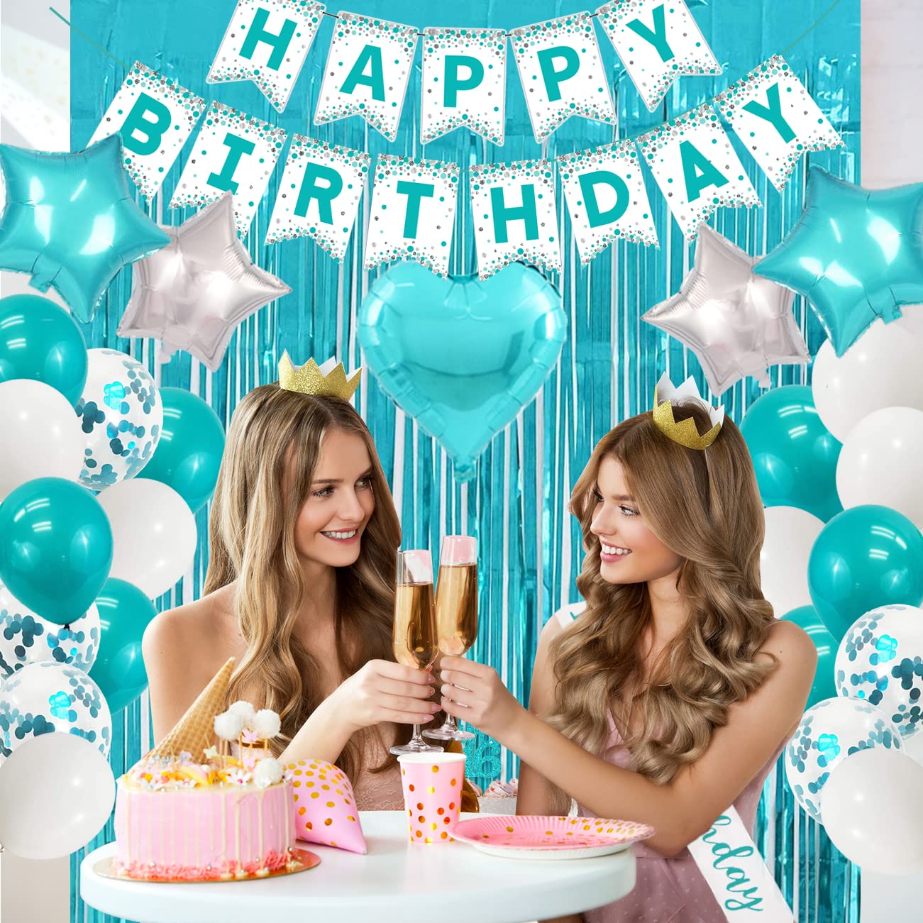 Teal Birthday Decorations for Girls - Happy Birthday Banner, Sash & Cake Topper Set, Turquoise Blue Metallic Tinsel Backdrop | Party Photo Booth Decor, Baby Shower, Gender Reveal Celebration
