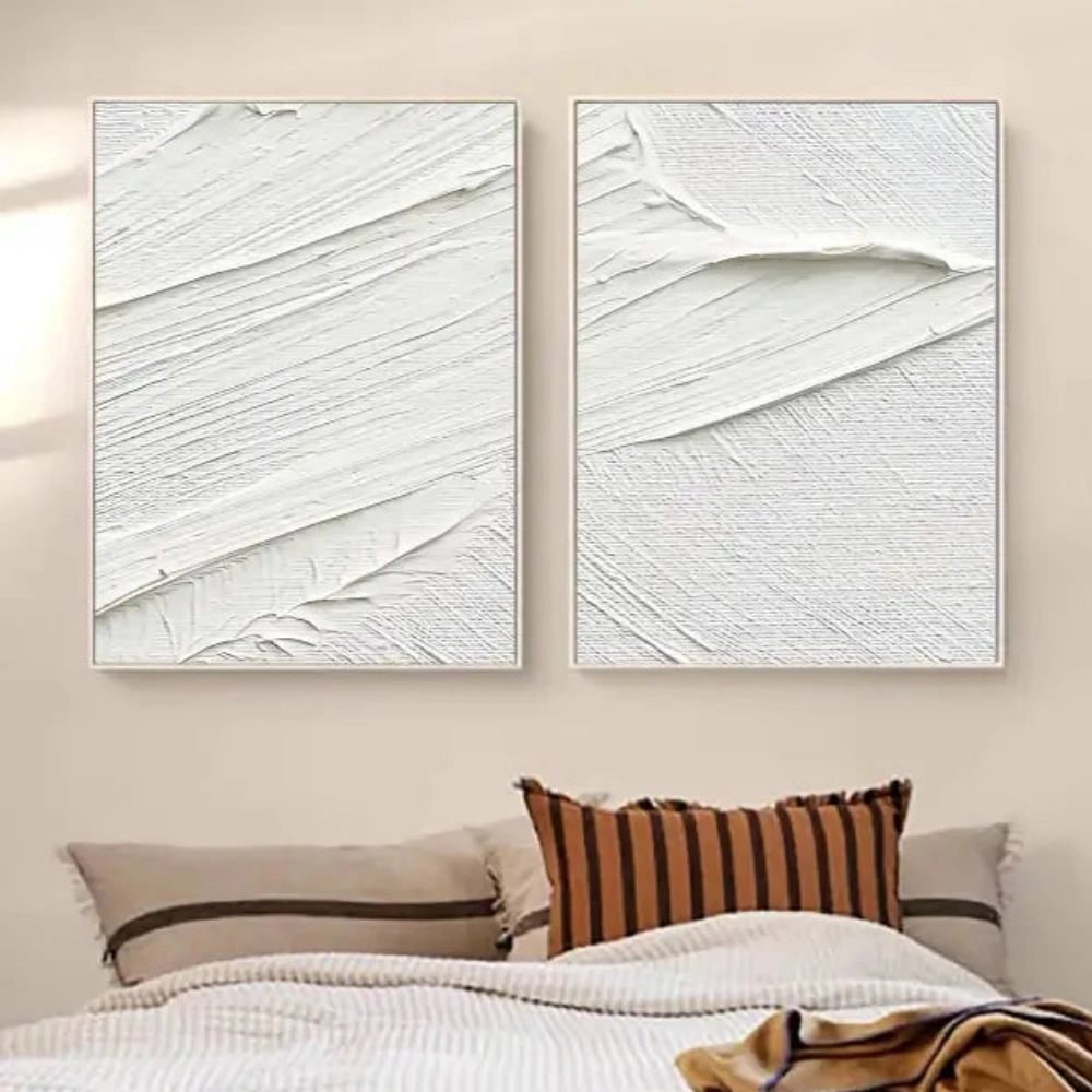 Minimalist White Textured Canvas Paintings - Set of 2 Modern Abstract Wall Art for Living Room & Bedroom Decor #MM052