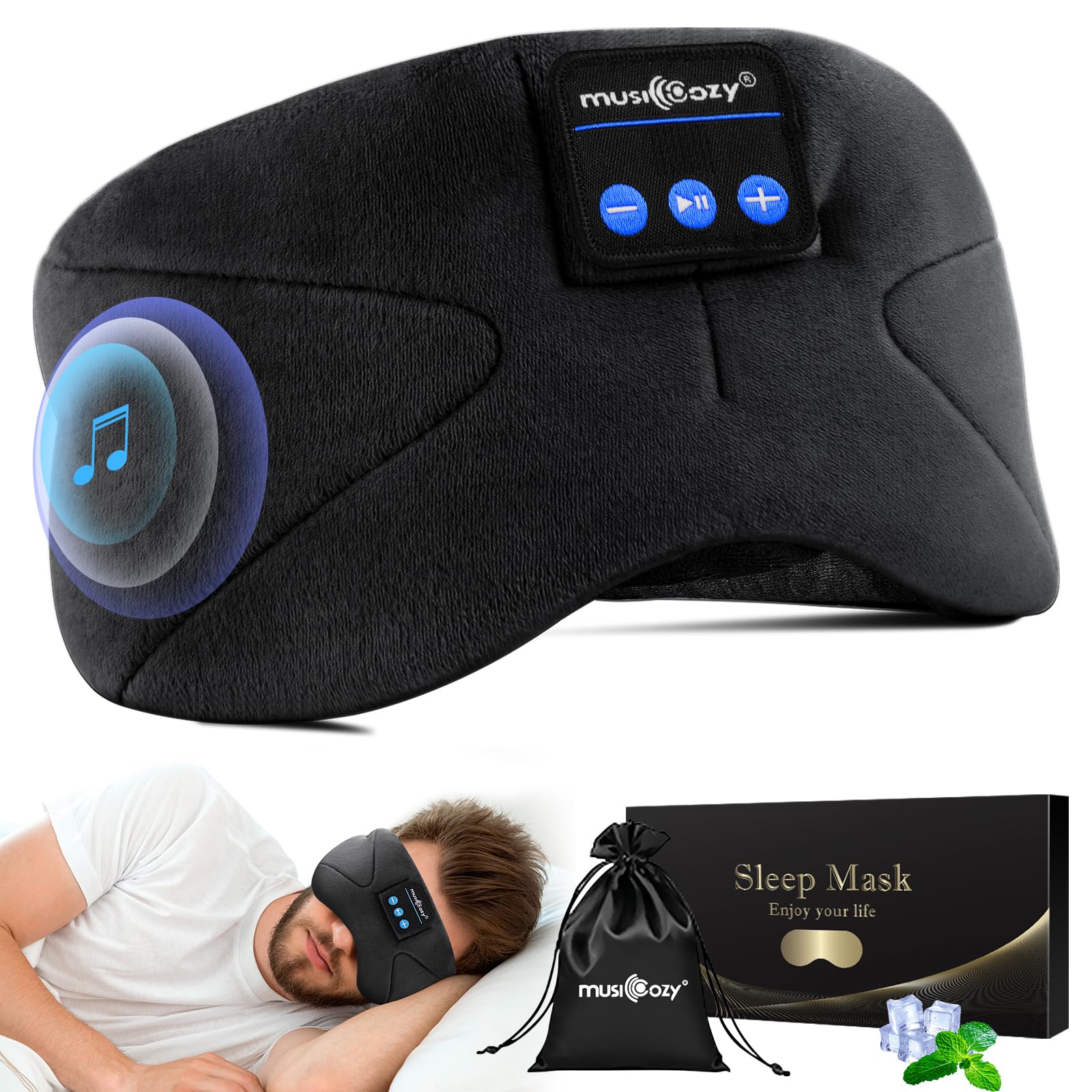 Musicozy Bluetooth Sleep Mask with Headphones - Soft Blackout Eye Mask for Sleeping, Relaxation, Travel, Meditation & Yoga - Wireless Sleep Headphones for Men & Women - Perfect for Nighttime Use, Airplane Travel & Stress Relief
