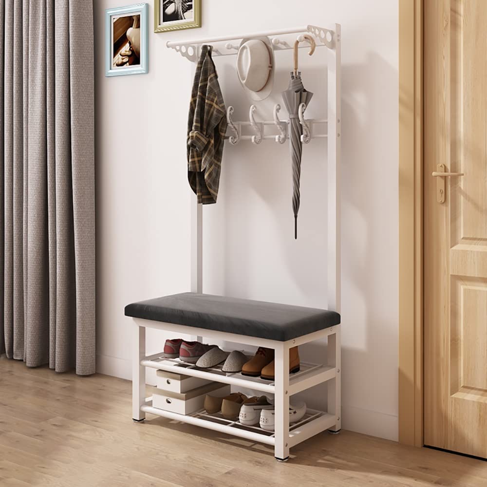 3-in-1 Freestanding Coat Rack with Bench & 10 Hooks - Metal Hall Tree Shoe Storage Organizer for Entryway, Bedroom, Closet (80cm, Black) | Space-Saving Solution for Small Apartments & Mudrooms