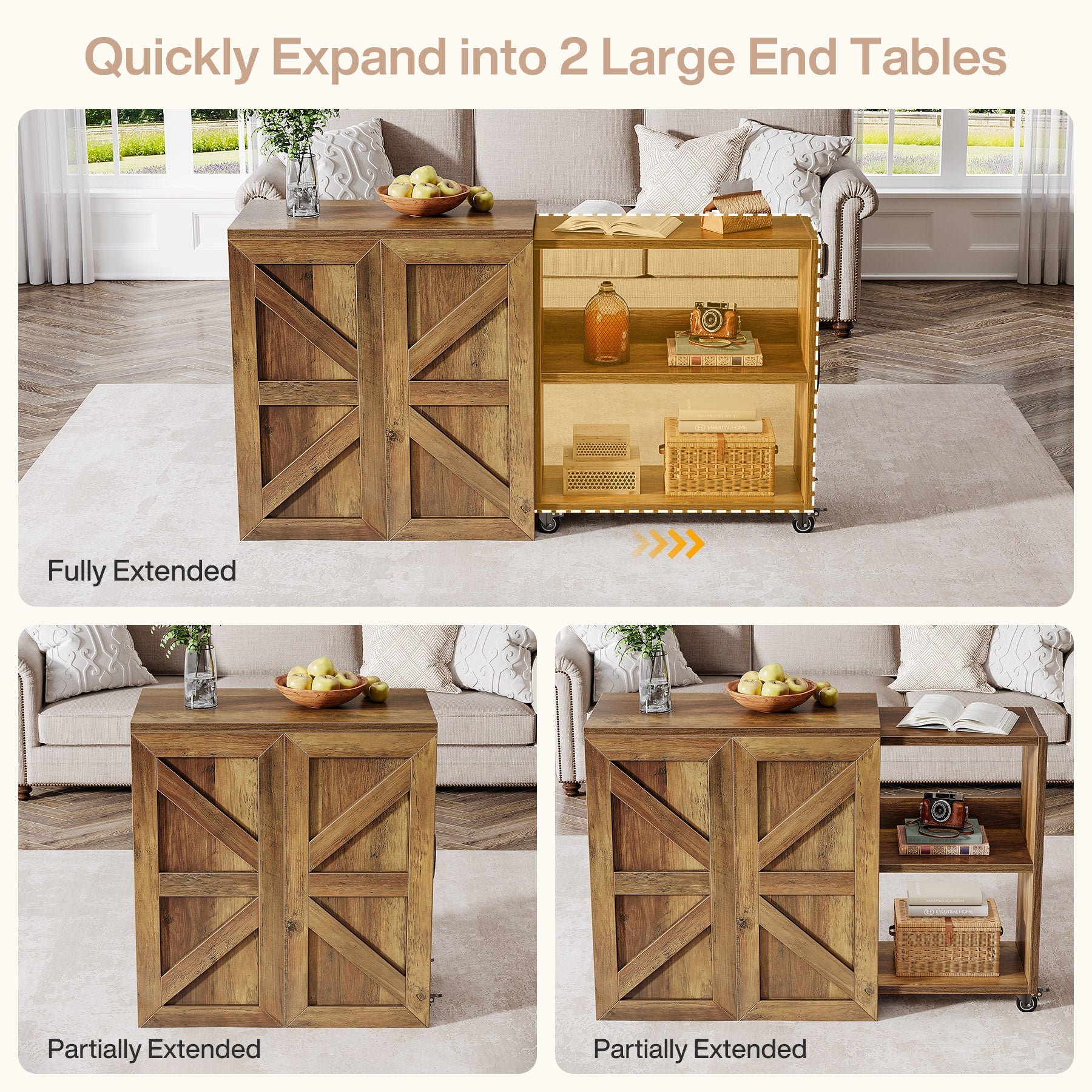3 Tier Extendable Rolling Side Table with Lockable Wheels - Multi-Purpose End Table, Nightstand for Living Room, Bedroom, Office & Small Spaces