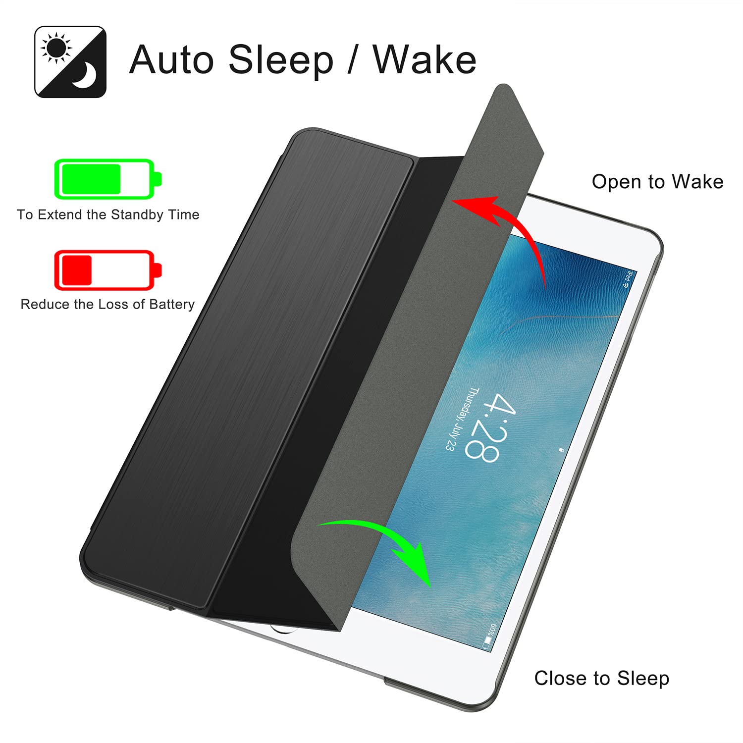 Premium Soke Case for iPad 6th/5th Generation (2018/2017) & iPad Air 2/Air 1 - Slim Trifold Stand with Auto Wake/Sleep Function, Hard PC Back Cover - Perfect for Work, School & Travel (Black)