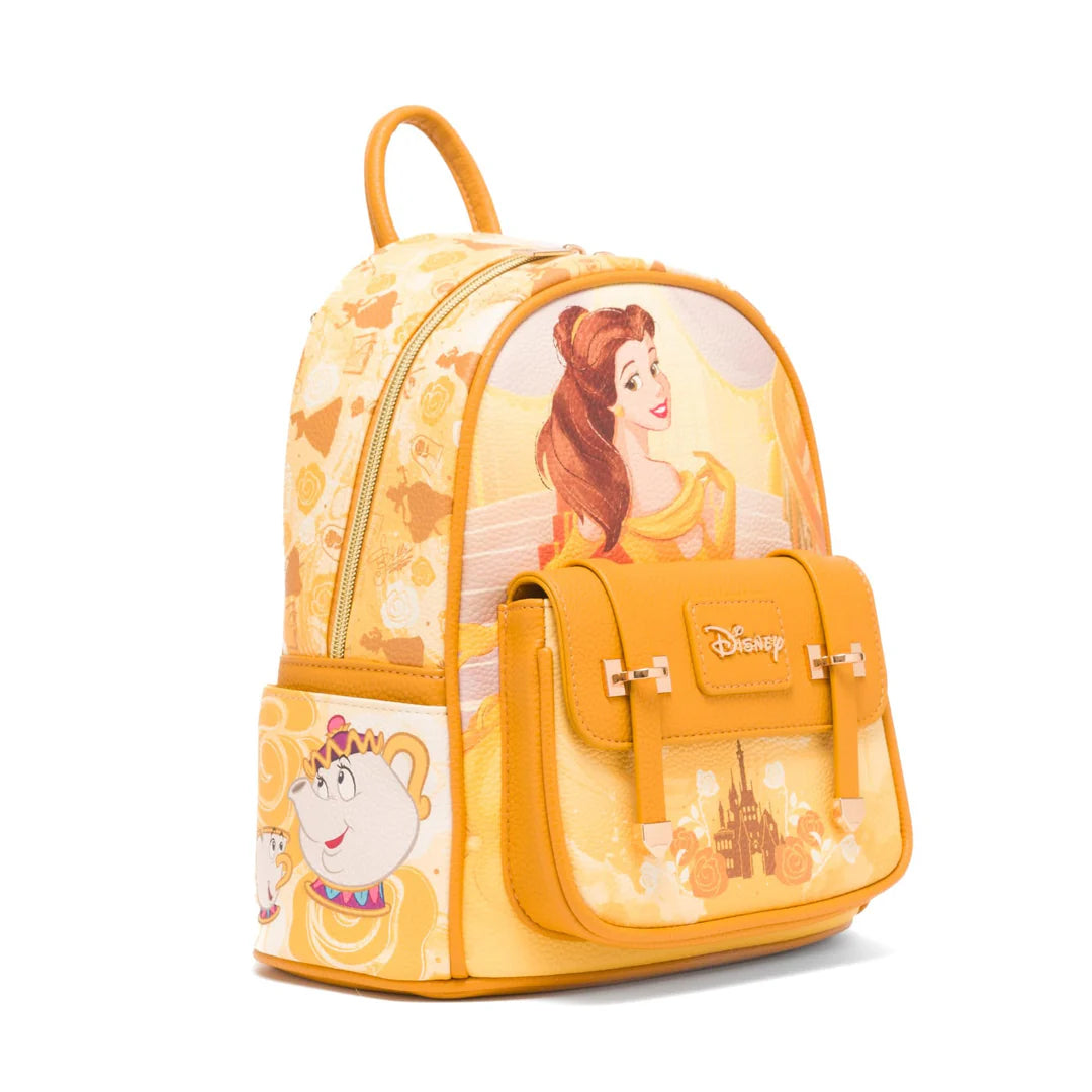 Disney Beauty and the Beast Yellow Belle Vegan Leather Mini Backpack for Women - Fashionable Small Purse for Cosplay, Theme Parks & Daily Use