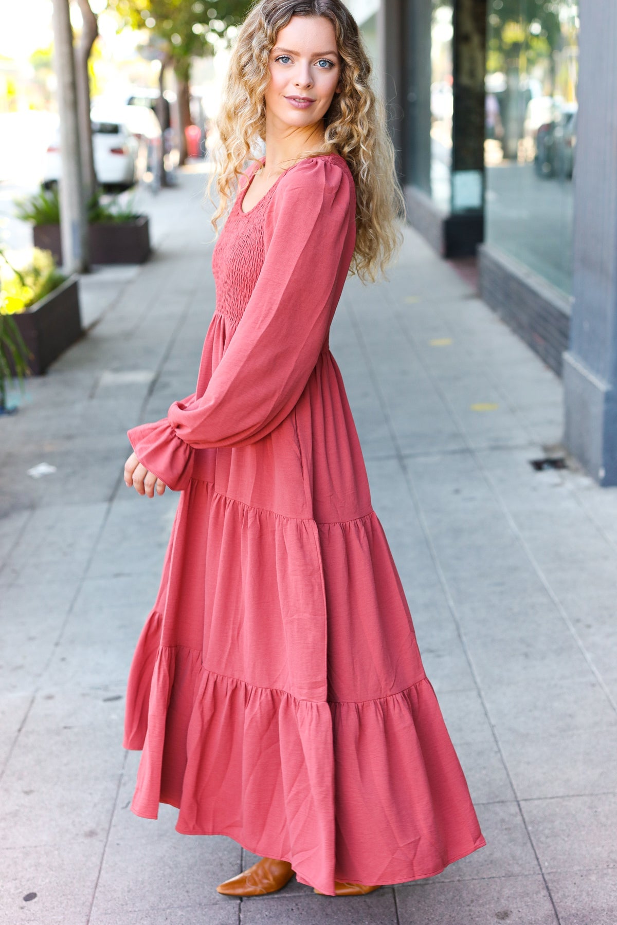 Beautiful You Lock Eyes Marsala Smocked Ruffle Sleeve Maxi Dress - Elegant Women's Long Dress for Weddings, Parties & Special Occasions